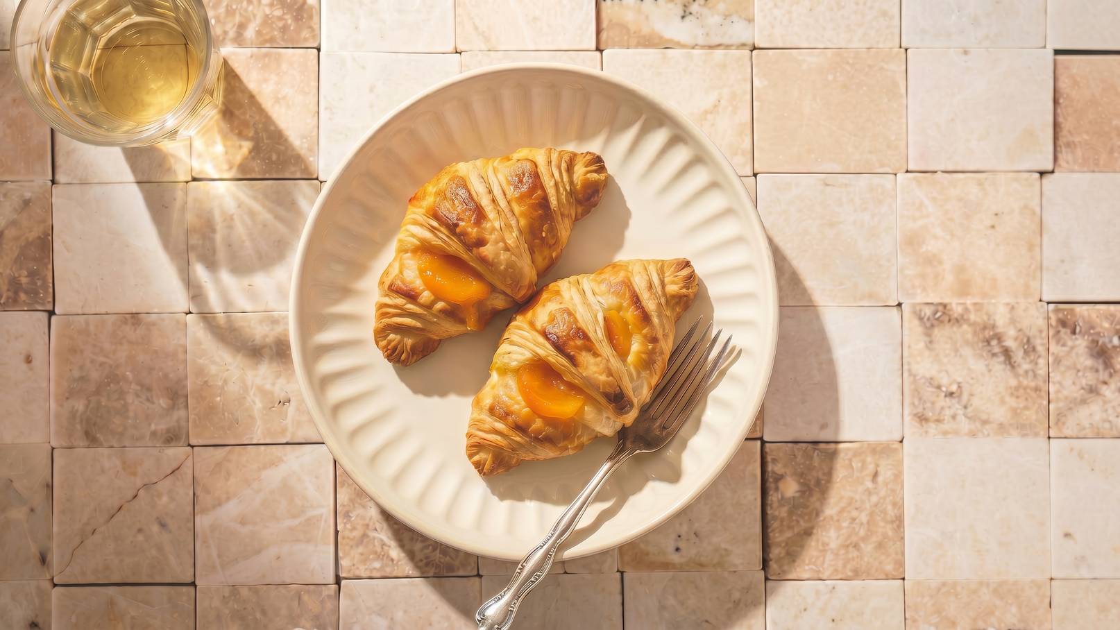 Auf dem Bild sind zwei frisch gebackene Croissants auf einem weißen Teller zu sehen. Eins der Croissants ist mit einer fruchtigen Füllung belegt. Daneben liegt eine Gabel. Im Hintergrund steht ein Glas Wasser. Der Tisch ist aus Mosaik-Fliesen.