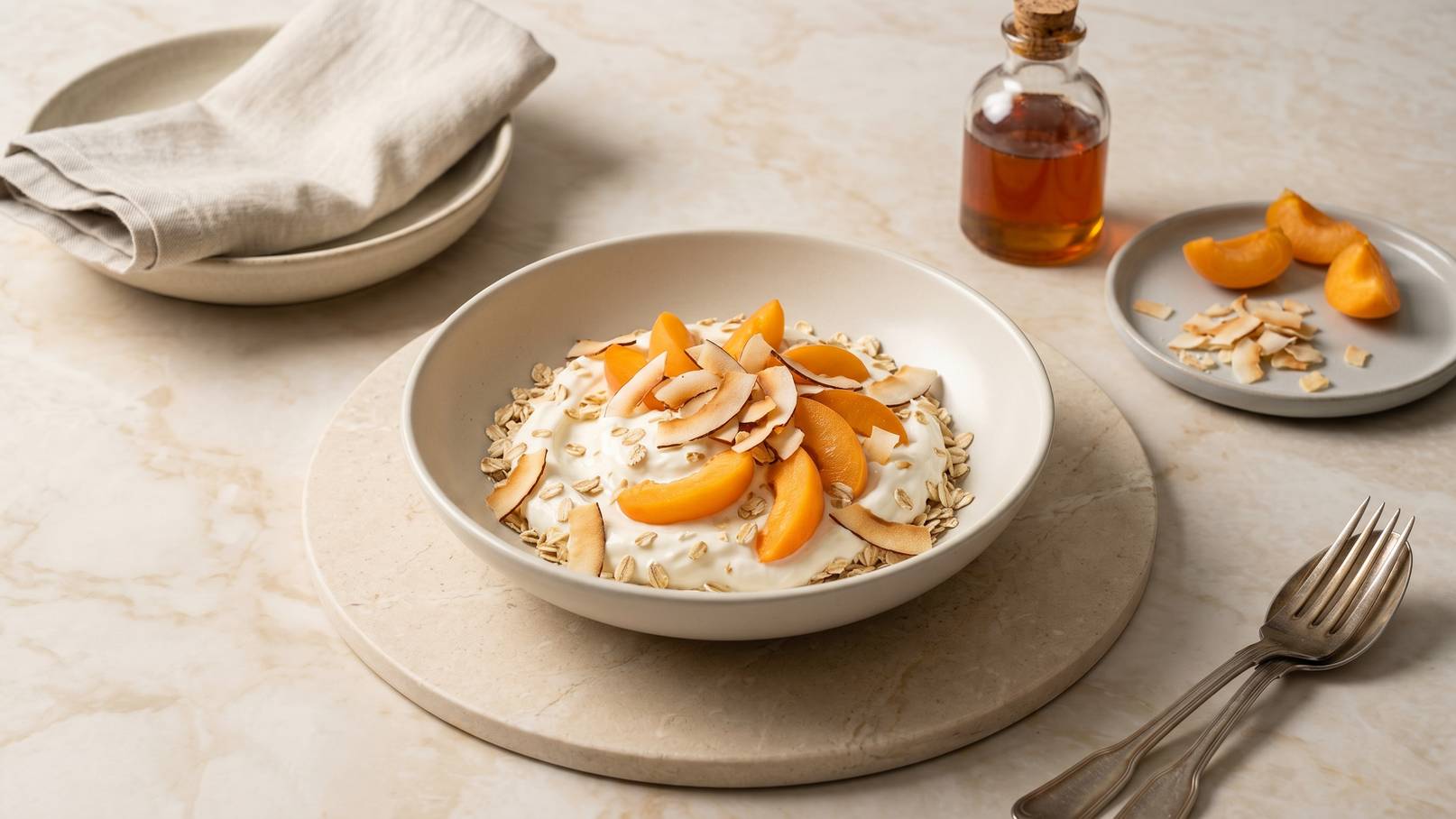 Eine Schüssel mit Joghurt, belegt mit Aprikosenstücken und gerösteten Kokosnussflocken, steht auf einer runden Unterlage. Daneben liegt ein kleiner Teller mit weiteren Aprikosen und ein Glas Sirup. Ein Besteckset ergänzt das Arrangement auf einem hellen Tisch.