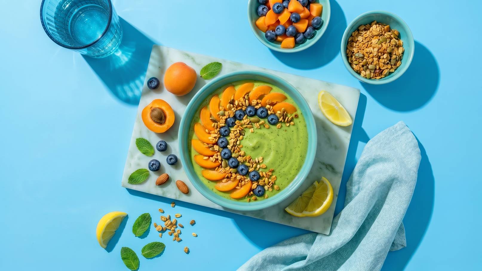 Eine Schüssel mit grünem Smoothie ist auf einem Marmorbrett präsentiert, dekoriert mit Aprikosenscheiben, Heidelbeeren und Granola. Daneben sind zwei kleinere Schalen mit Obst und Granola sowie ein Glas Wasser auf einem hellblauen Hintergrund platziert.