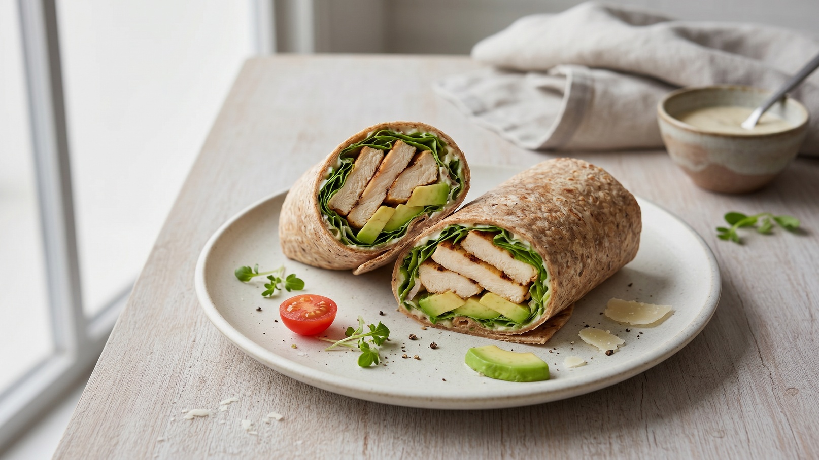 Ein Teller mit einem aufgeschnittenen Wrap, gefüllt mit gegrilltem Hähnchen, frischem Salat und Avocado. Neben dem Wrap liegen einige Kirschtomaten und Kräuter. Der Hintergrund ist hell und minimalistisch, was den Fokus auf das Essen lenkt.