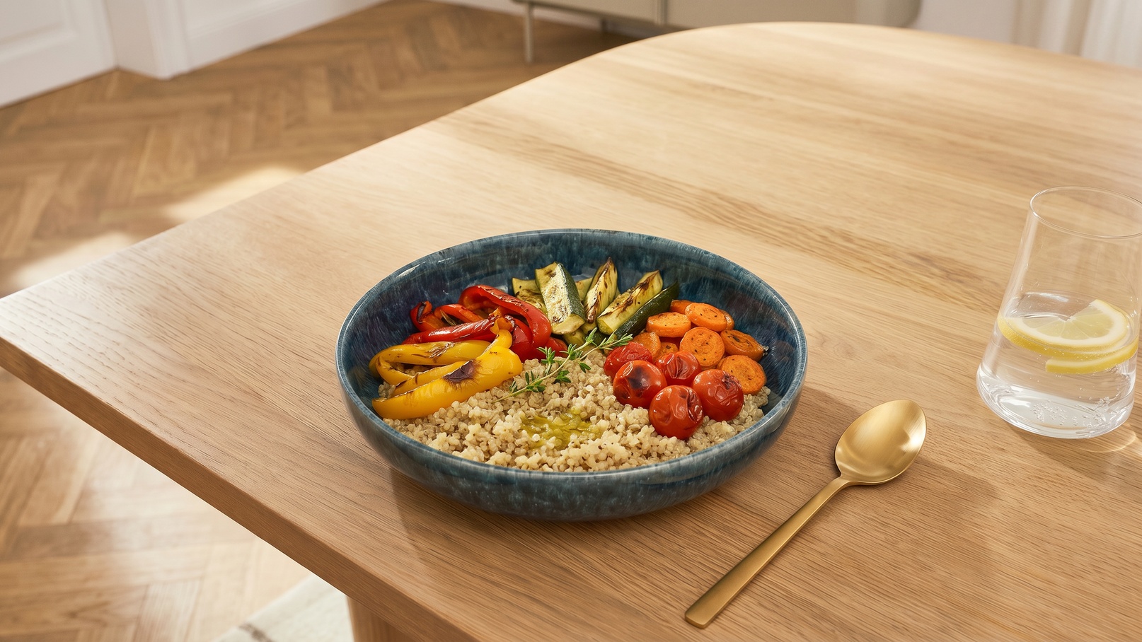 In einer blauen Schüssel auf einem Holztisch liegen Couscous und gegrilltes Gemüse, darunter bunte Paprika und Kirschtomaten. Neben der Schüssel befindet sich ein goldenes Besteck und ein Wasserglas mit einer Zitronenscheibe.