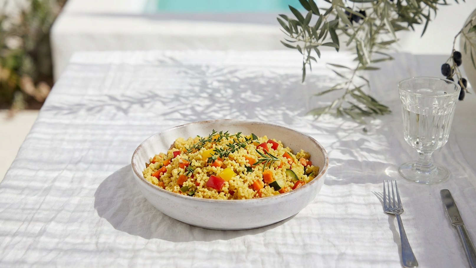 Eine Schüssel mit buntem Salat aus Couscous, Tomaten, Paprika und frischen Kräutern steht auf einem Holztisch. Neben der Schüssel liegen ein Messer und eine Gabel. Ein kleines Glas und Unterteller sind ebenfalls zu sehen.