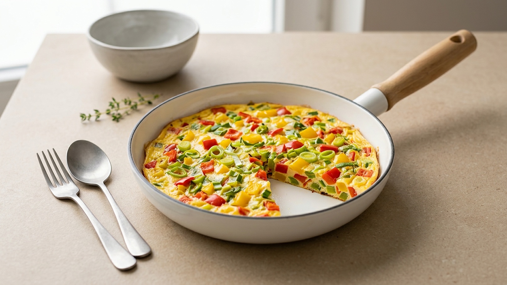 Eine bunte Gemüseomelette in einer Pfanne, aus der ein Stück herausgeschnitten wurde. Die Omelette ist mit Paprika, Zwiebeln und Kräutern dekoriert. Neben der Pfanne liegen Besteckteile und eine kleine Schüssel.