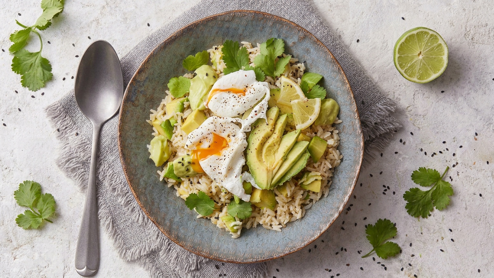 Eine Schüssel mit braunem Reis, belegt mit Avocadoscheiben und zwei Spiegeleiern. Frische Limettenstückchen und Korianderblätter garnieren das Gericht. Der Teller steht auf einem grauen Küchentuch, daneben liegt ein Löffel.