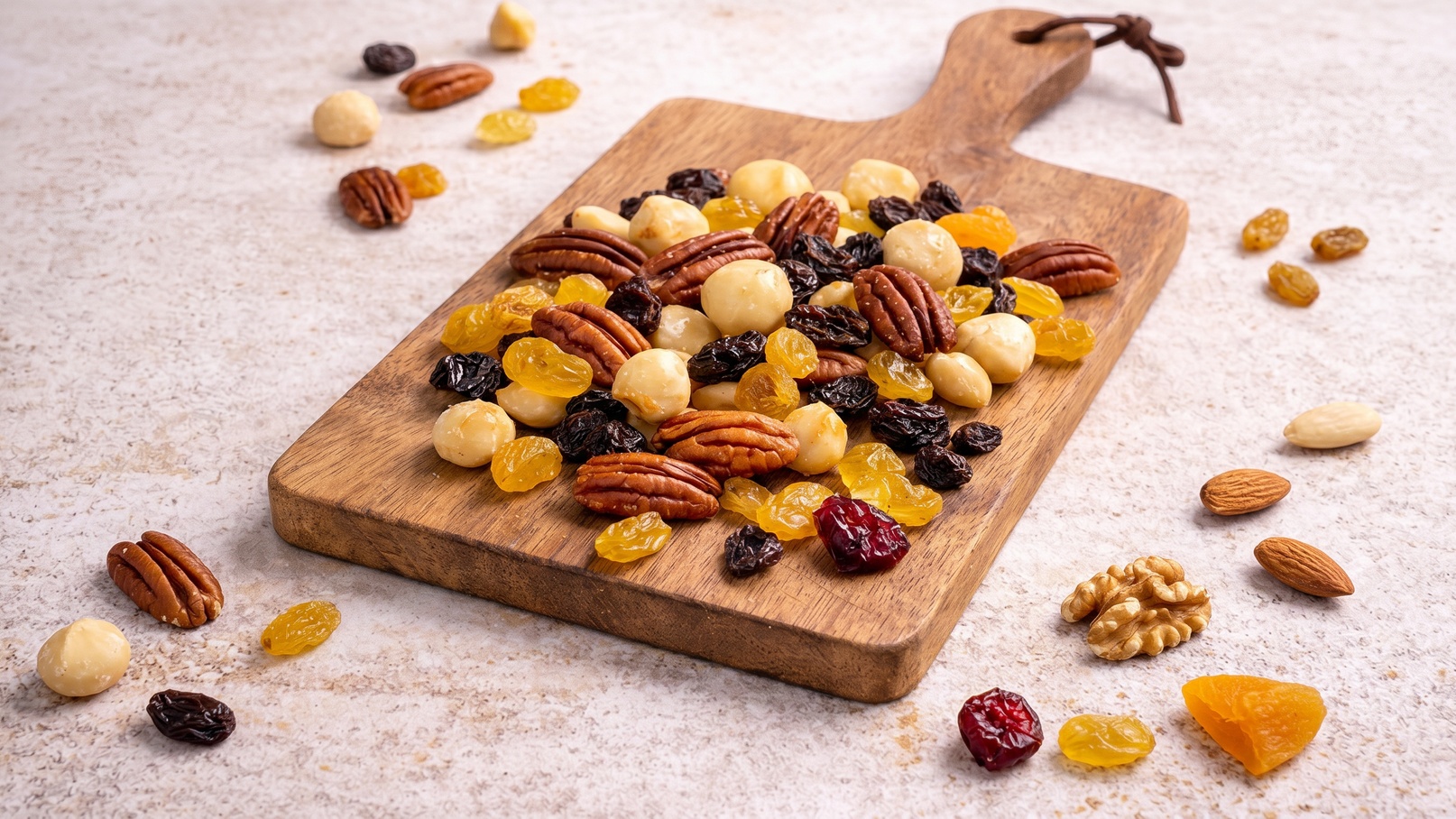 Eine Holzplatte ist mit einer bunten Mischung aus Nüssen und Trockenfrüchten belegt. Darunter befinden sich Pekannüsse, Macadamianüsse, Rosinen, sowie getrocknete Aprikosen und andere Früchte. Die Gesamtanordnung vermittelt einen Eindruck von frischen, gesunden Snacks.