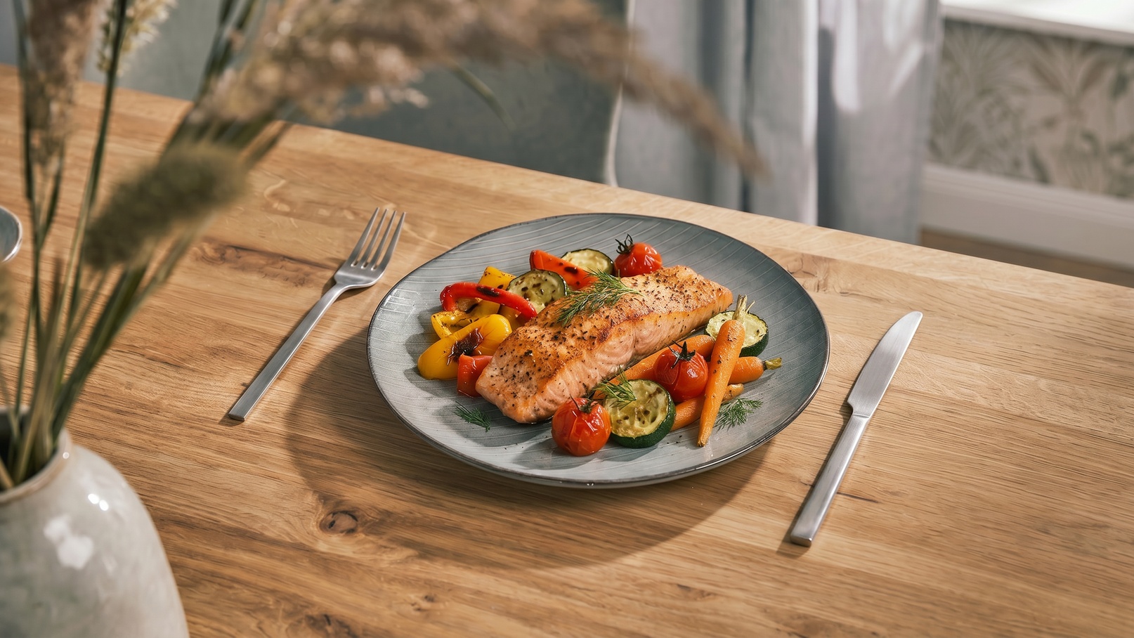 Ein Teller mit gegrilltem Lachs, umgeben von buntem Gemüse wie Tomaten, Zucchini und Paprika, auf einem Holztisch. Besteck liegt bereit. Die Atmosphäre wirkt appetitlich und einladend.