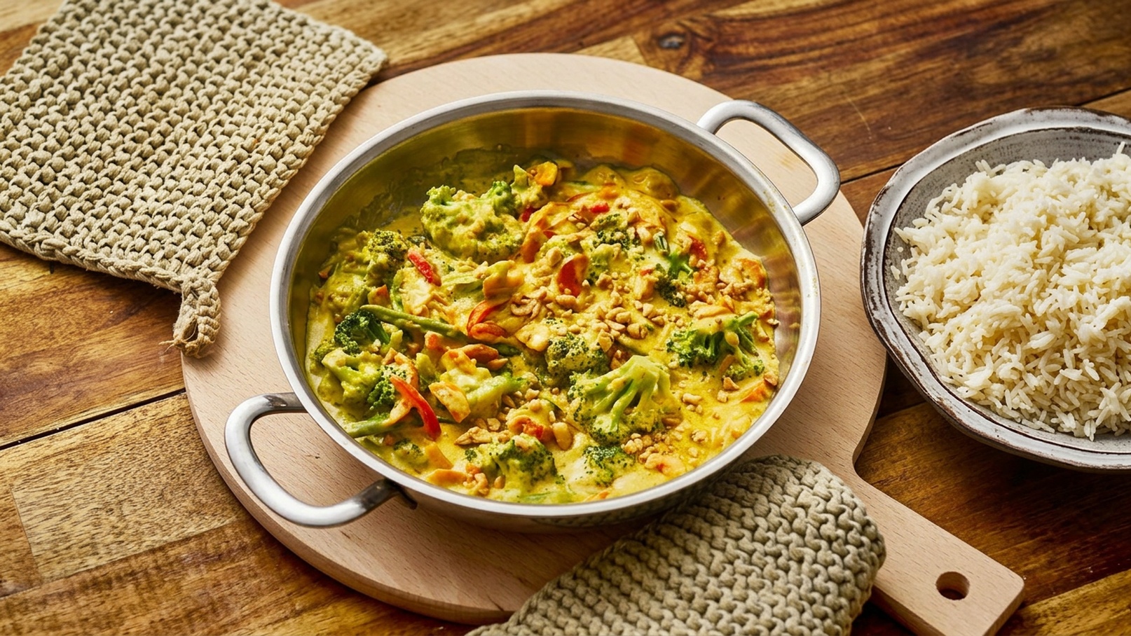 Ein Topf mit Brokkoli und Hähnchen in einer cremigen Sauce, garniert mit Erdnüssen und roten Chilischoten. Daneben eine Schale mit gekochtem Reis. Alles auf einer Holzoberfläche angerichtet.