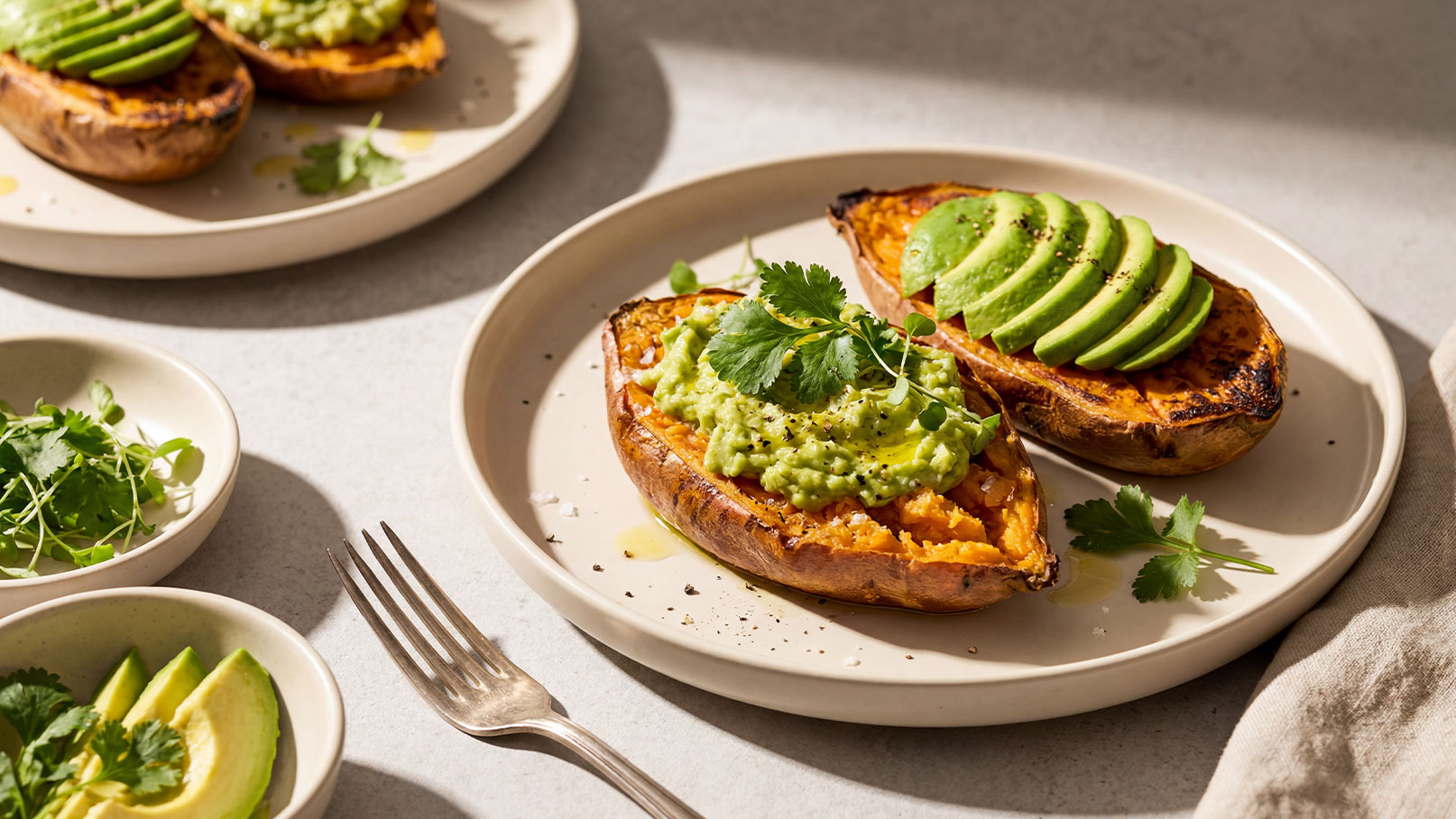 Auf dem Teller liegen zwei frisch gebackene Süßkartoffelhälften, gefüllt mit einer guacamoleartigen Mischung und garniert mit frischen Korianderblättern. Eine der Hälften ist zusätzlich mit Avocadoscheiben belegt. Im Hintergrund sind weitere Süßkartoffeln und kleine Schalen mit Avocado und frischen Kräutern zu sehen.