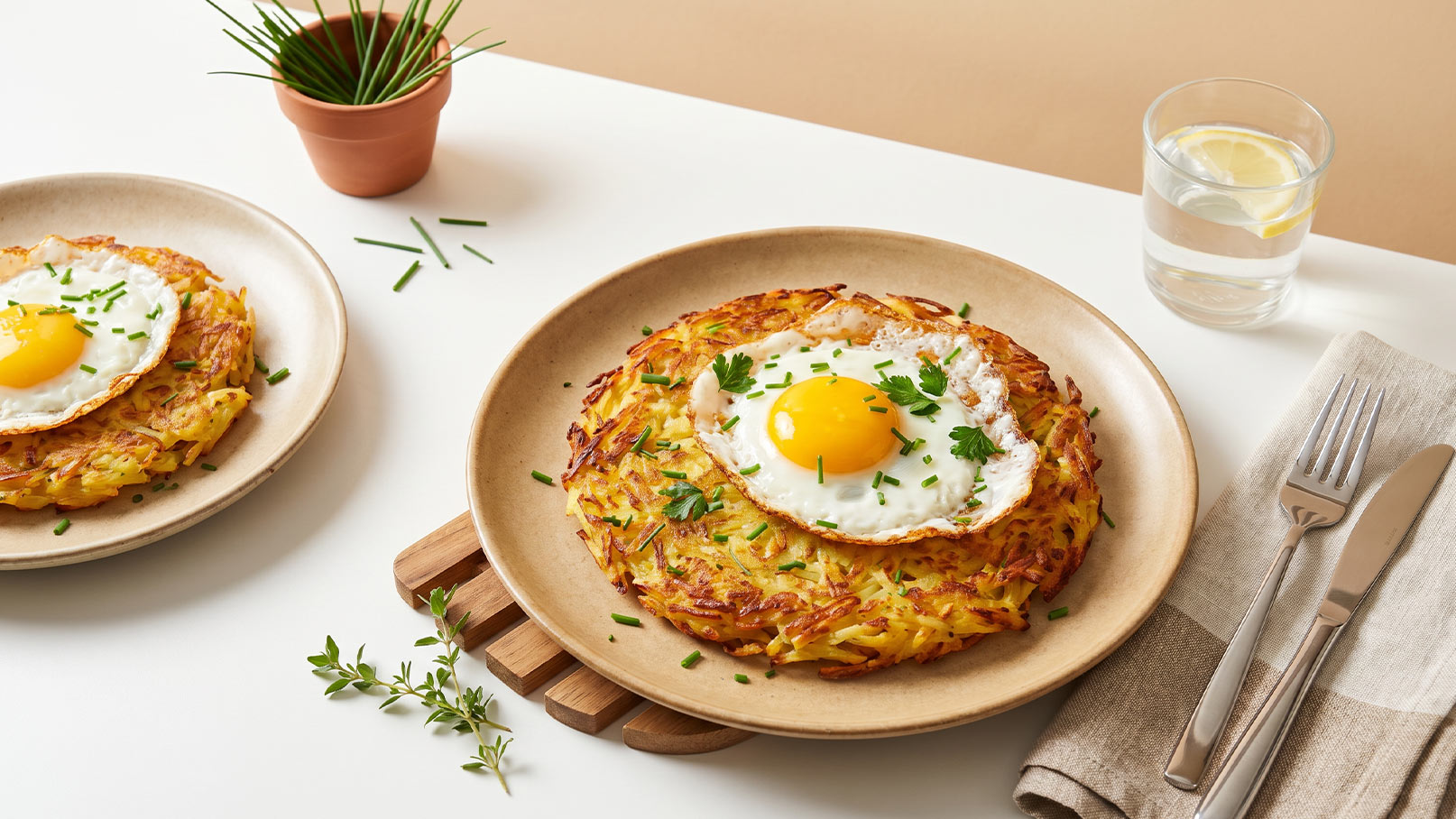 Auf dem Tisch liegen zwei Teller mit knusprigen Rösti, die mit einem Spiegelei und frischen Kräutern garniert sind. Daneben steht ein Glas Wasser und eine Serviette. Im Hintergrund ist ein kleiner Topf mit einer Pflanze sichtbar.
