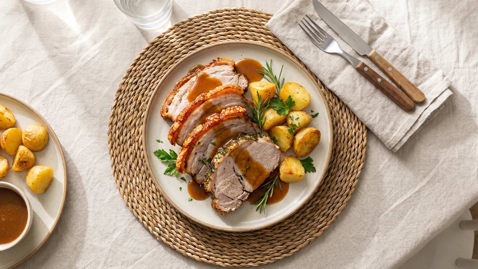 Ein Teller mit köstlichem Braten, dünn geschnitten und mit Soße übergossen, liegt auf einem geflochtenen Platzdeckchen. Daneben befinden sich goldbraun geröstete Kartoffeln und frische Kräuter. Der Tisch ist schlicht eingedeckt mit Besteck und einem Glas Wasser.