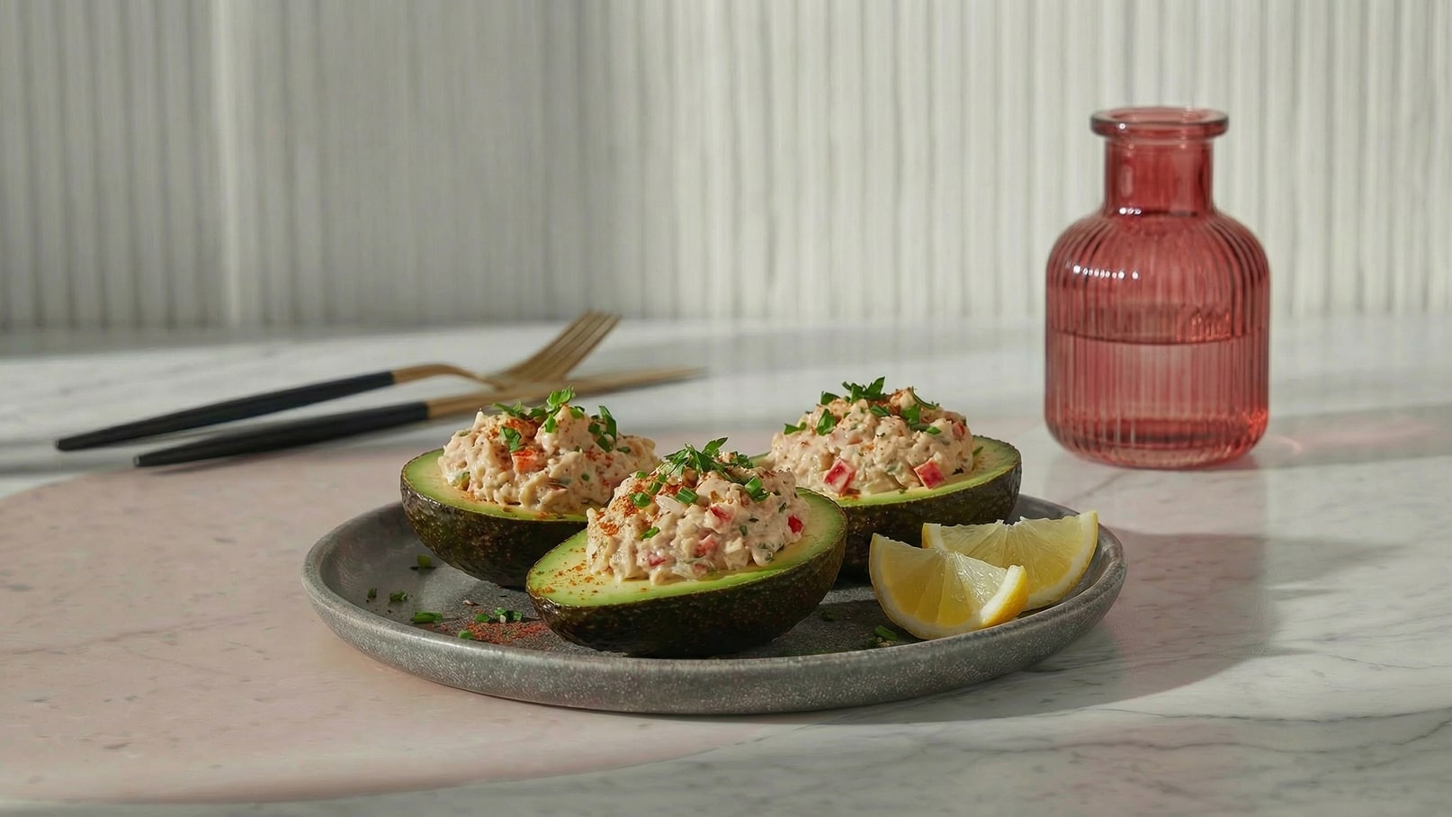 Drei halbierte Avocados auf einem grauen Teller, gefüllt mit einer würzigen Mischung aus Thunfisch, Kräutern und Paprika. Neben den Avocados liegen frische Zitronenscheiben. Im Hintergrund steht eine rosa Glasflasche.