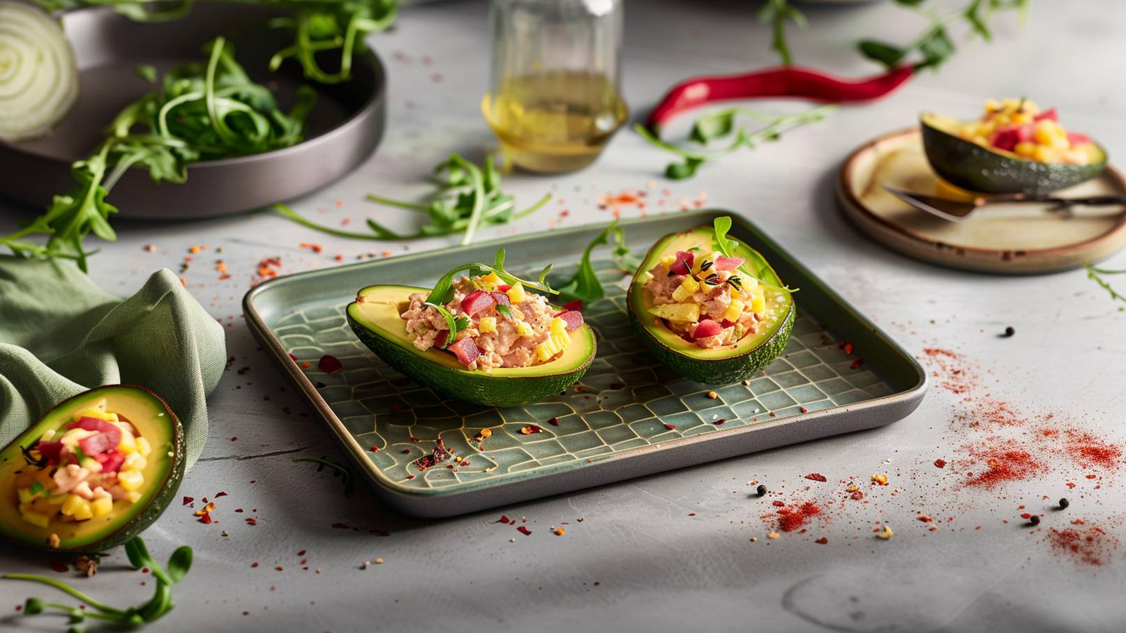 Zwei Avocadoschalen auf einer grünen Platte, gefüllt mit einer bunten Mischung aus Zutaten wie Thunfisch, Paprika und frischen Kräutern. Umgeben von essbaren Pflanzen und Gewürzen, strahlt das Gericht Frische und einen einladenden Eindruck aus, das perfekt für eine gesunde Mahlzeit ist.