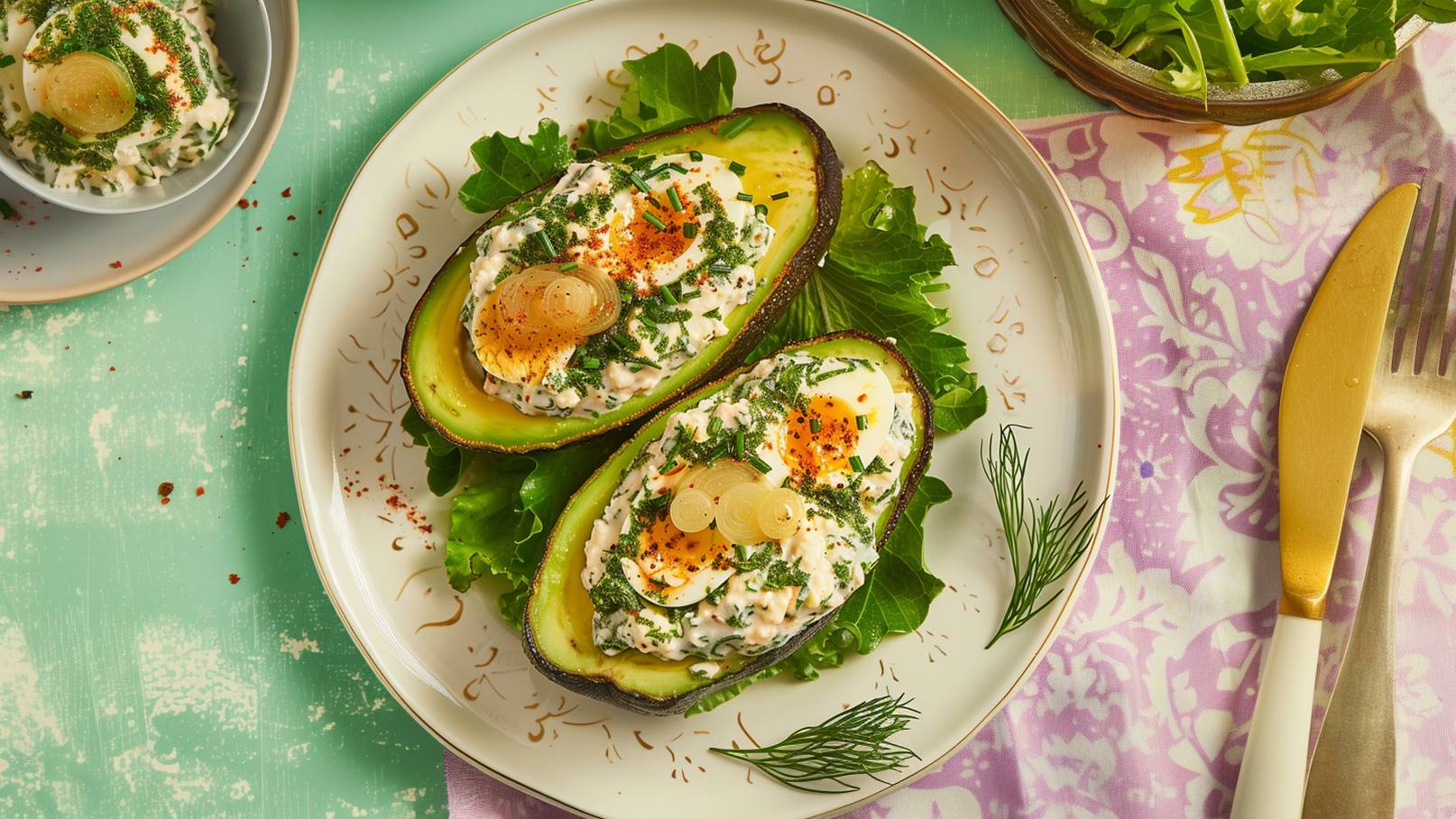 Zwei Avocadohälften auf einem Teller, gefüllt mit einer cremigen Mischung aus Kräutern, Zwiebeln und Eiern. Die Avocados liegen auf einem Bett aus frischem Salat und sind mit Gewürzen bestreut. Neben dem Teller steht eine kleine Schüssel mit einer ähnlichen Kräutermischung.