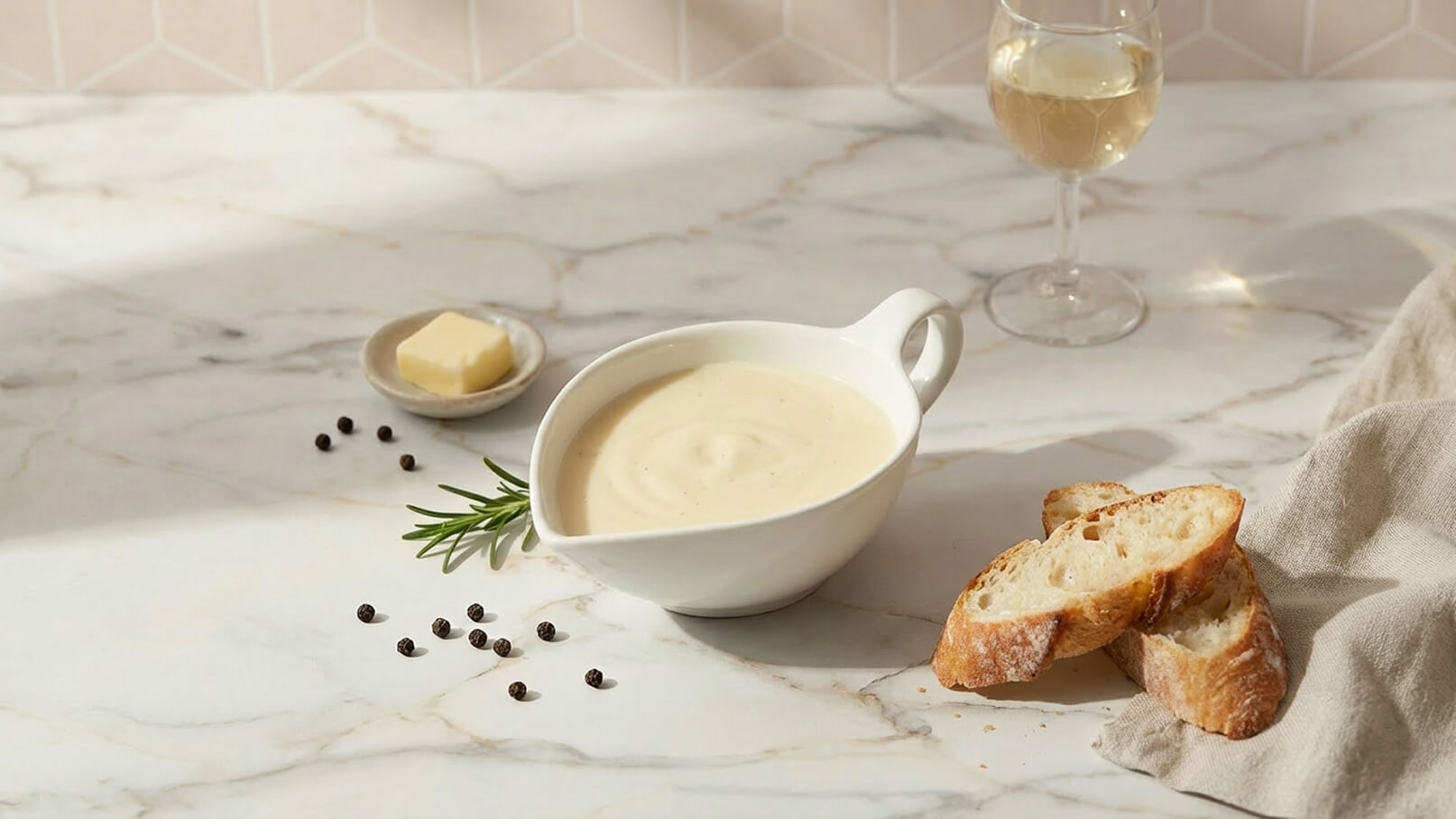 Eine weiße Kelle mit cremiger Sauce steht auf einem Marmor-Tisch. Nebenan liegt ein kleiner Teller mit Butter und einige schwarze Pfefferkörner. Daneben sind ein paar Brotscheiben und ein Glas Weißwein zu sehen.