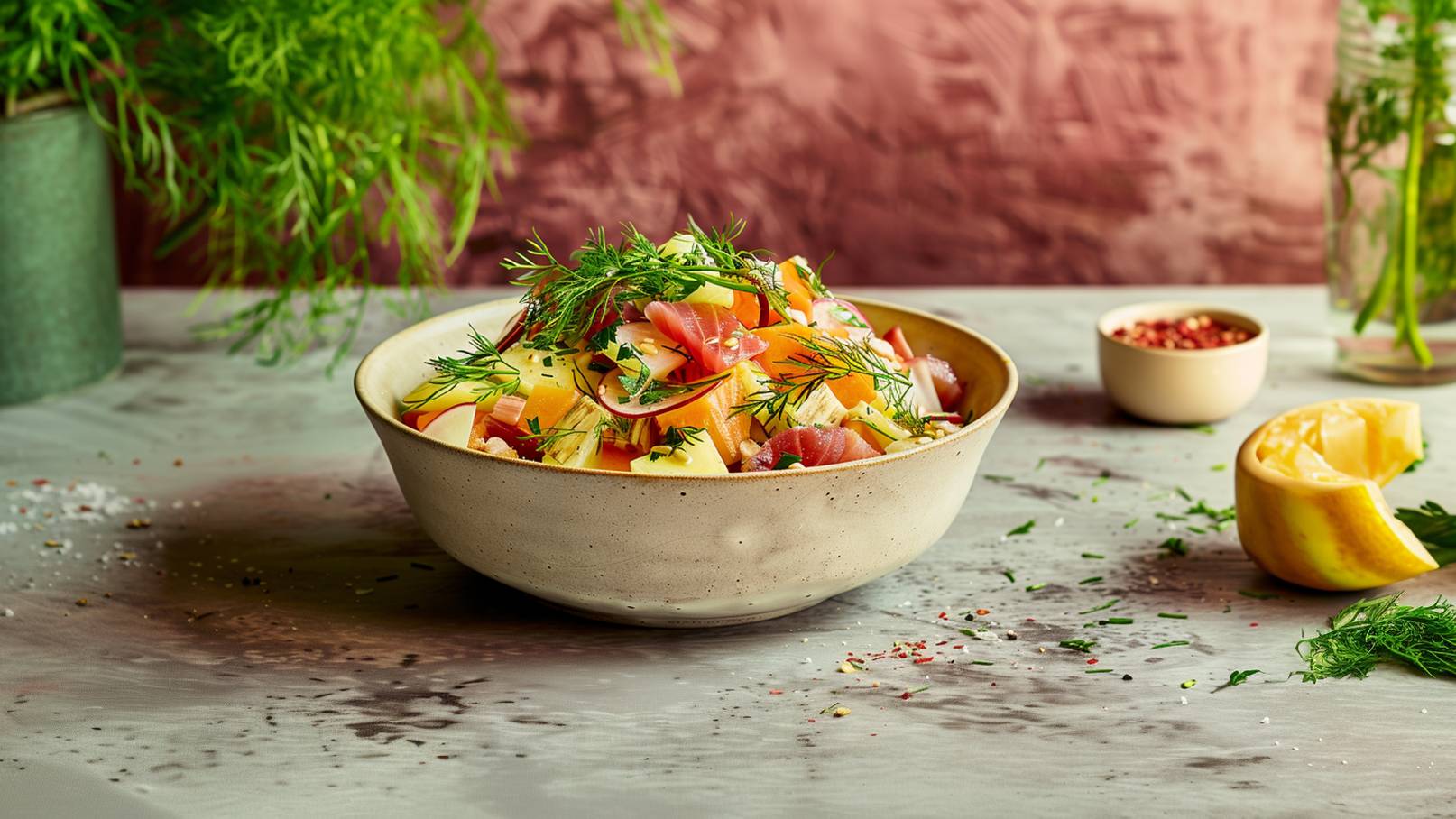 Eine großzügige Schüssel mit buntem Salat, bestehend aus verschiedenen Gemüsesorten, frischen Kräutern und zarten Schinkenstücken. Im Hintergrund sind grüne Pflanzen und Gewürze sichtbar. Ein Stück Zitrone liegt neben der Schüssel.