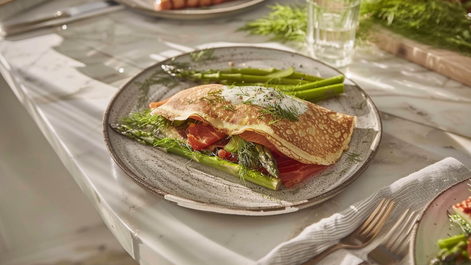 Ein Teller mit einer gefüllten Omelette, garniert mit frischem Dill, liegt neben grünem Spargel. Der Hintergrund zeigt einen Holzständer mit weiteren Speisen. Der Tisch hat eine helle, marmorierte Oberfläche.