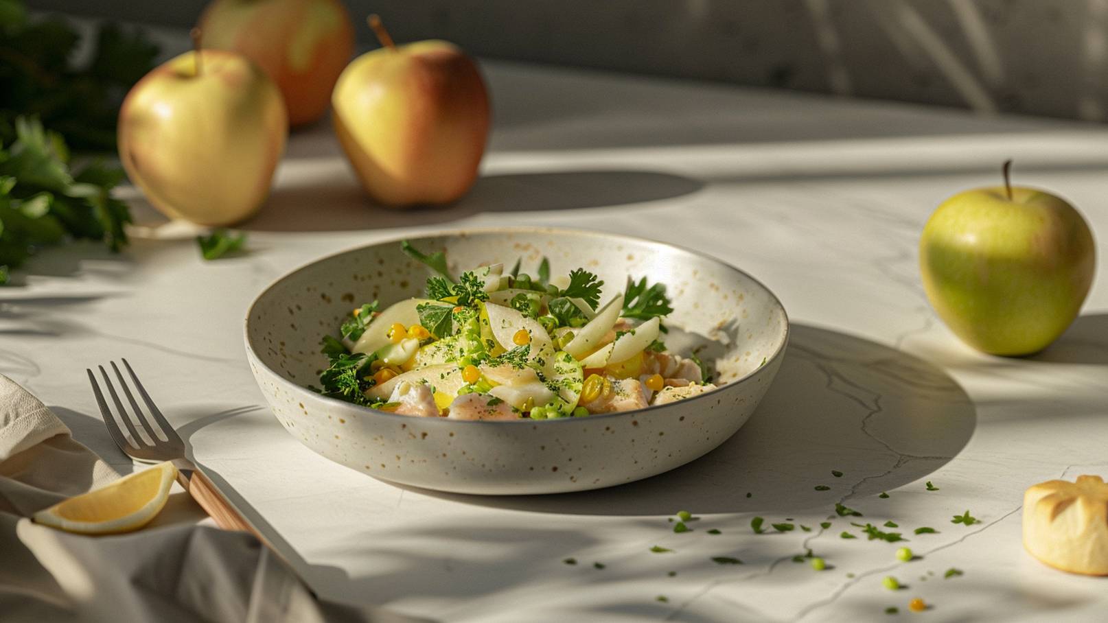 Ein Teller mit einem bunten Salat aus frischem Gemüse, darunter Gurken, Kräuter und Erbsen, steht auf einem Tisch. Im Hintergrund sind Äpfel und ein Stück Zitrone zu sehen. Das Bild vermittelt eine frische, gesunde Mahlzeit.