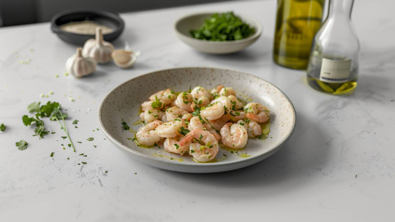 Ein Teller mit gekochten Garnelen, garniert mit frischem Koriander, liegt auf einem Tisch. Im Hintergrund sind eine Schale mit frischem Koriander und eine Flasche Olivenöl zu sehen. Das Gericht wirkt appetitlich und wird durch Kräuter dekoriert.
