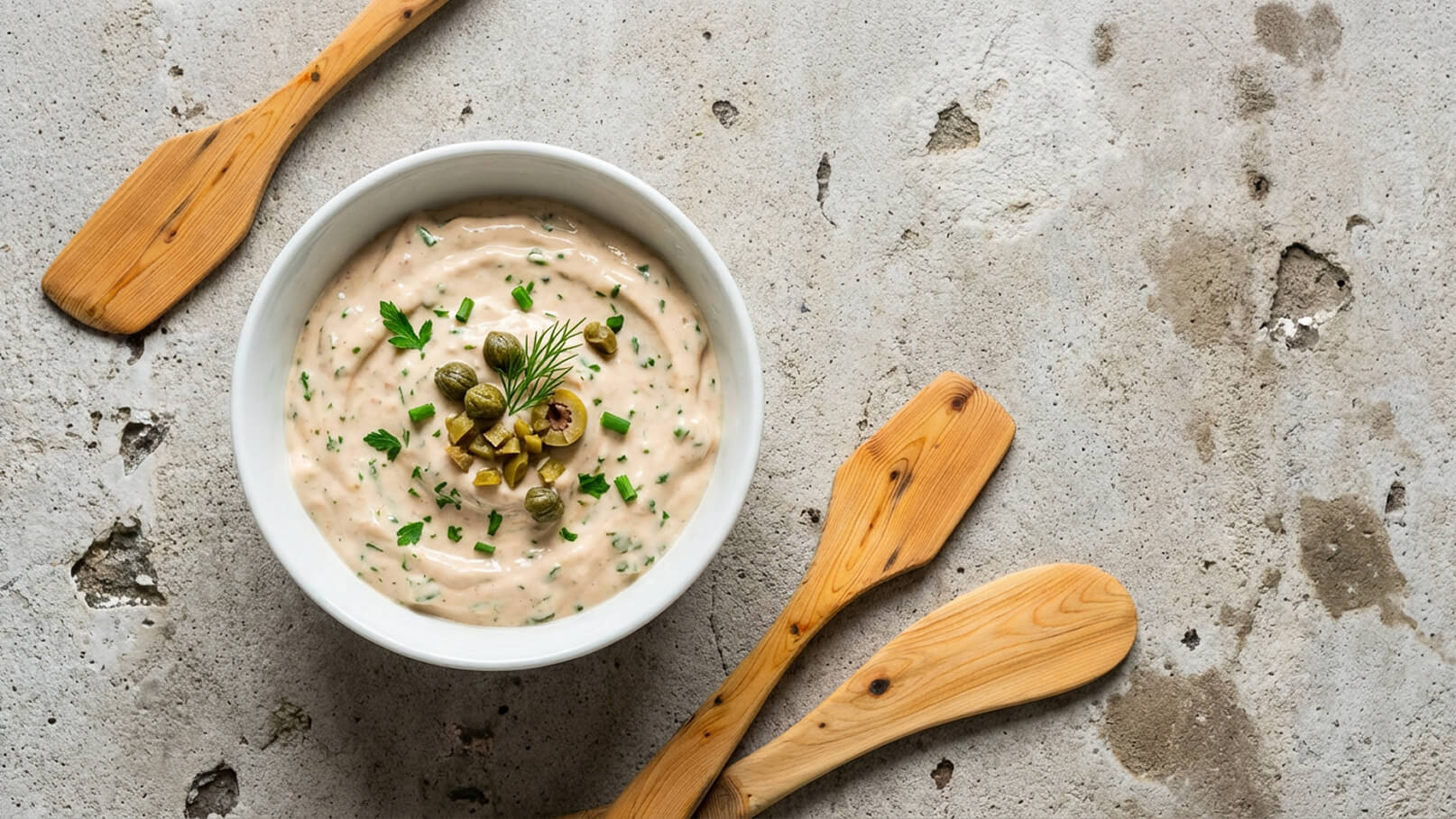 Eine weiße Schüssel mit cremiger Soße, garniert mit frischen Kräutern, Kapern und kleinen grünen Oliven. Daneben liegen zwei Holzlöffel auf einem grauen Untergrund.