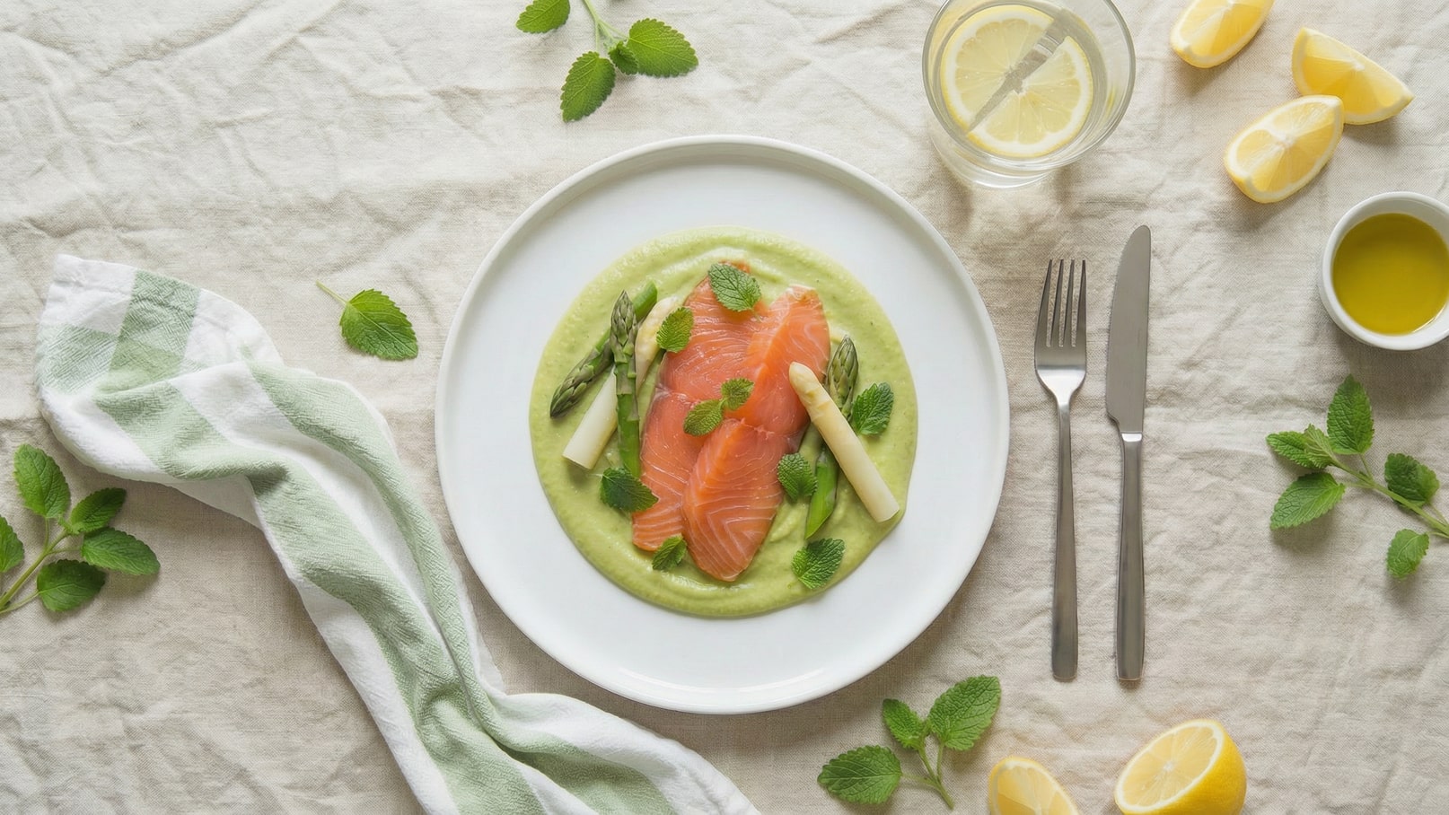 Auf einem weißen Teller liegt ein grüner Püree-Boden, belegt mit Lachs, grünem und weißem Spargel sowie frischen Minzblättern. Daneben stehen ein Wasserglas mit Zitronenscheiben, eine Schale mit Olivenöl und ein gestreiftes Küchentuch.