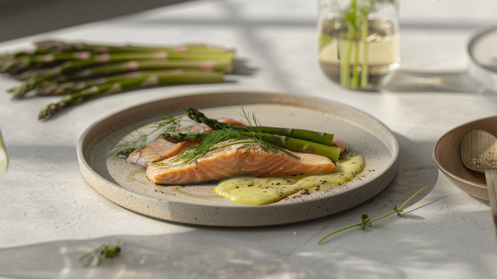 Ein Teller mit zwei Stücken Lachs, garniert mit frischem Dill und grünem Spargel. Dazu eine cremige Sauce auf dem Teller. Der Hintergrund zeigt unscharf einige Spargelstangen und eine Glasflasche.