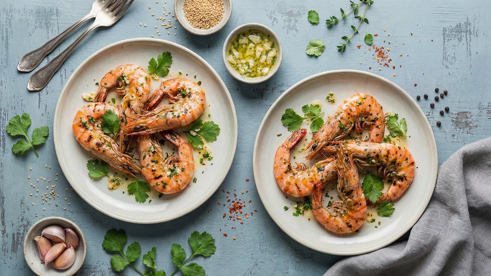 Zwei weiße Teller mit gegrillten Garnelen, garniert mit frischem Koriander. Neben den Tellern befinden sich eine Schüssel mit einer grünen Sauce und einige Gewürze. Der Hintergrund ist hellblau, und auf dem Tisch liegen auch einige Knoblauchzehen und Sesam.