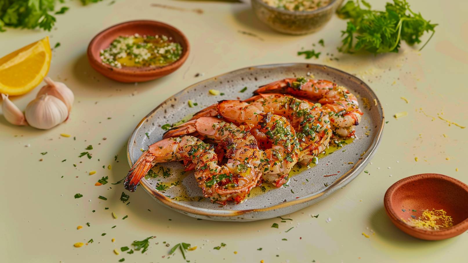 Ein Teller mit gegrillten Garnelen, garniert mit Kräutern und Olivenöl. Im Hintergrund sind Zutaten wie Zitrone, Knoblauch und frische Kräuter verstreut. Die Garnelen sind saftig und glänzend, auf einem hellen Untergrund angerichtet.