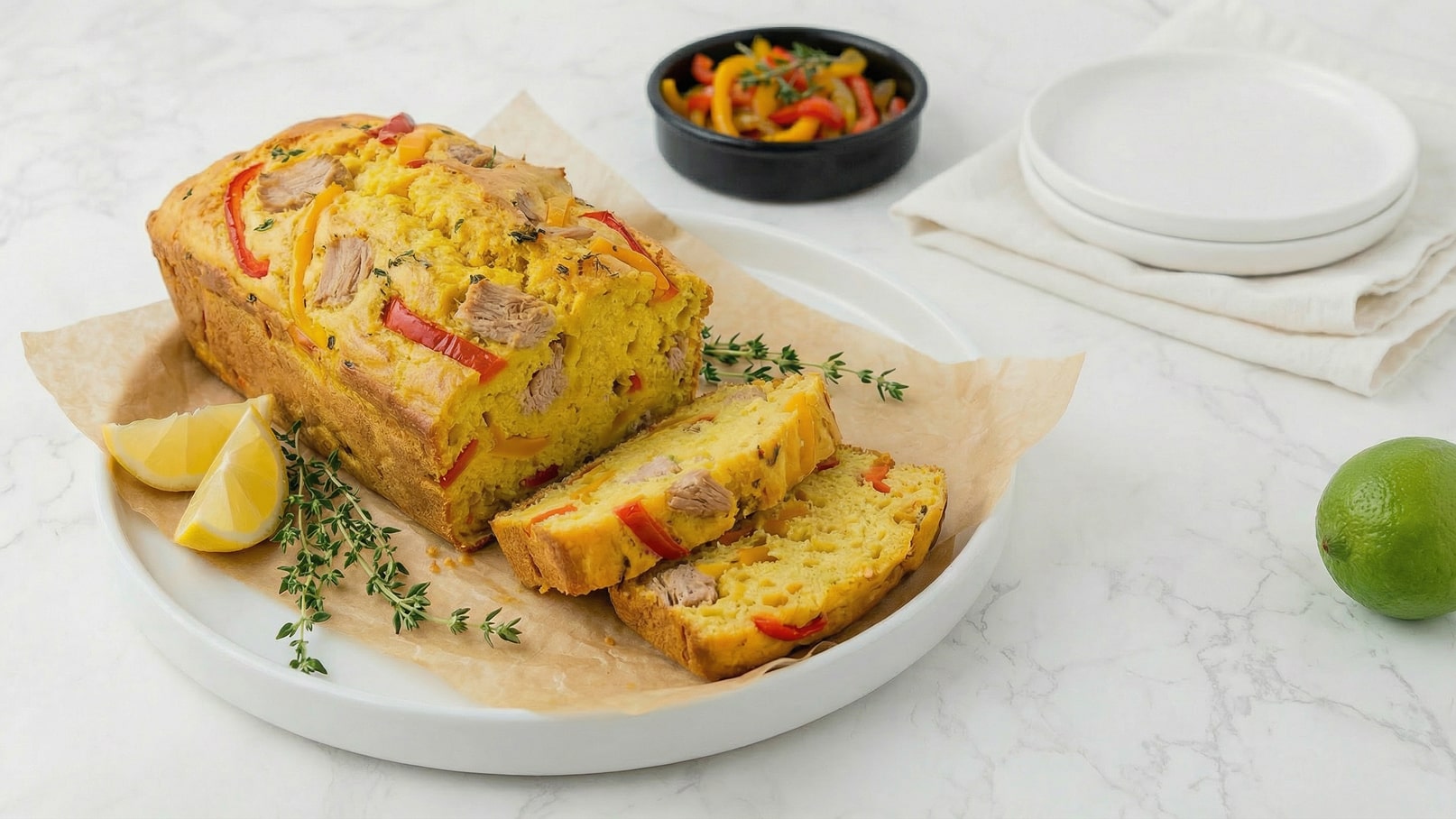 Ein frisch gebackener Brotlaib mit buntem Gemüse, wie roten und gelben Paprika, ist auf einem weißen Teller angerichtet. Einige Scheiben sind geschnitten, und eine Zitronenscheibe sowie Thymianzweige liegen daneben. Im Hintergrund befindet sich eine kleine Schüssel mit buntem Gemüse.