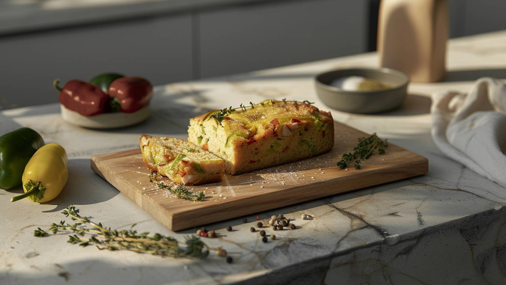 Ein frisch gebackener gemüsiger Kuchen liegt auf einem Holzbrett. Ein Stück des Kuchens ist bereits geschnitten. Um den Kuchen herum sind frische Kräuter und verschiedene Paprika platziert. Der Hintergrund ist hell und modern, was die appetitliche Präsentation des Gerichts hervorgehoben.