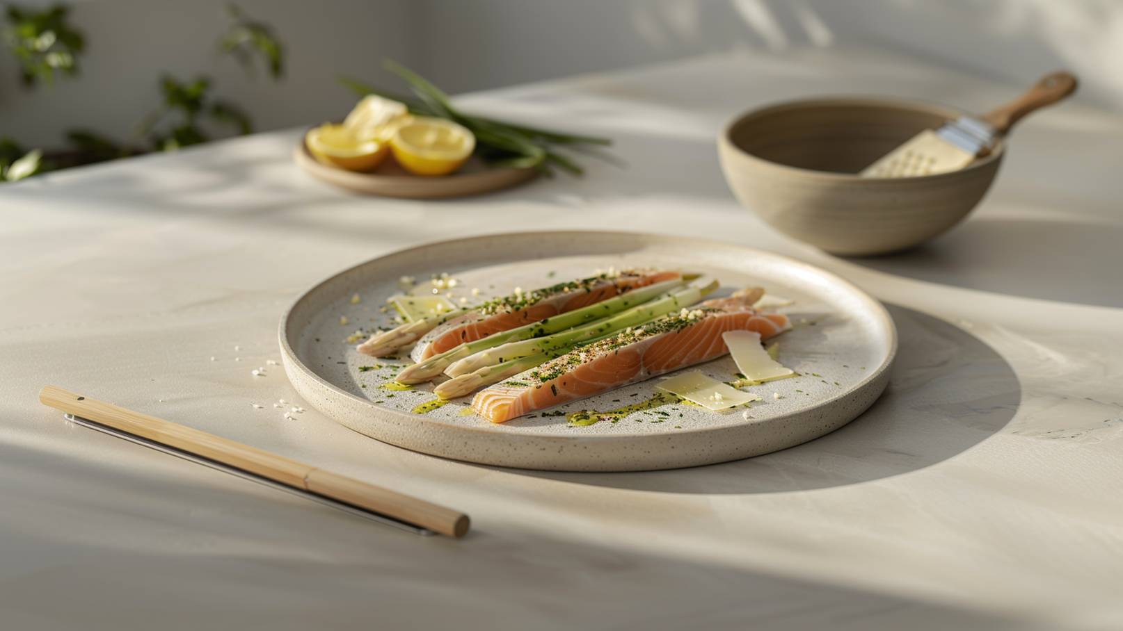 Auf einem hellen Tisch liegt ein flacher Teller mit aufgereihten Stücken Lachs, garniert mit grünen Zwiebeln und Kräutern. Neben dem Teller befinden sich ein Schälchen und eine Zitrone. Chopsticks liegen auf der Tischoberfläche.
