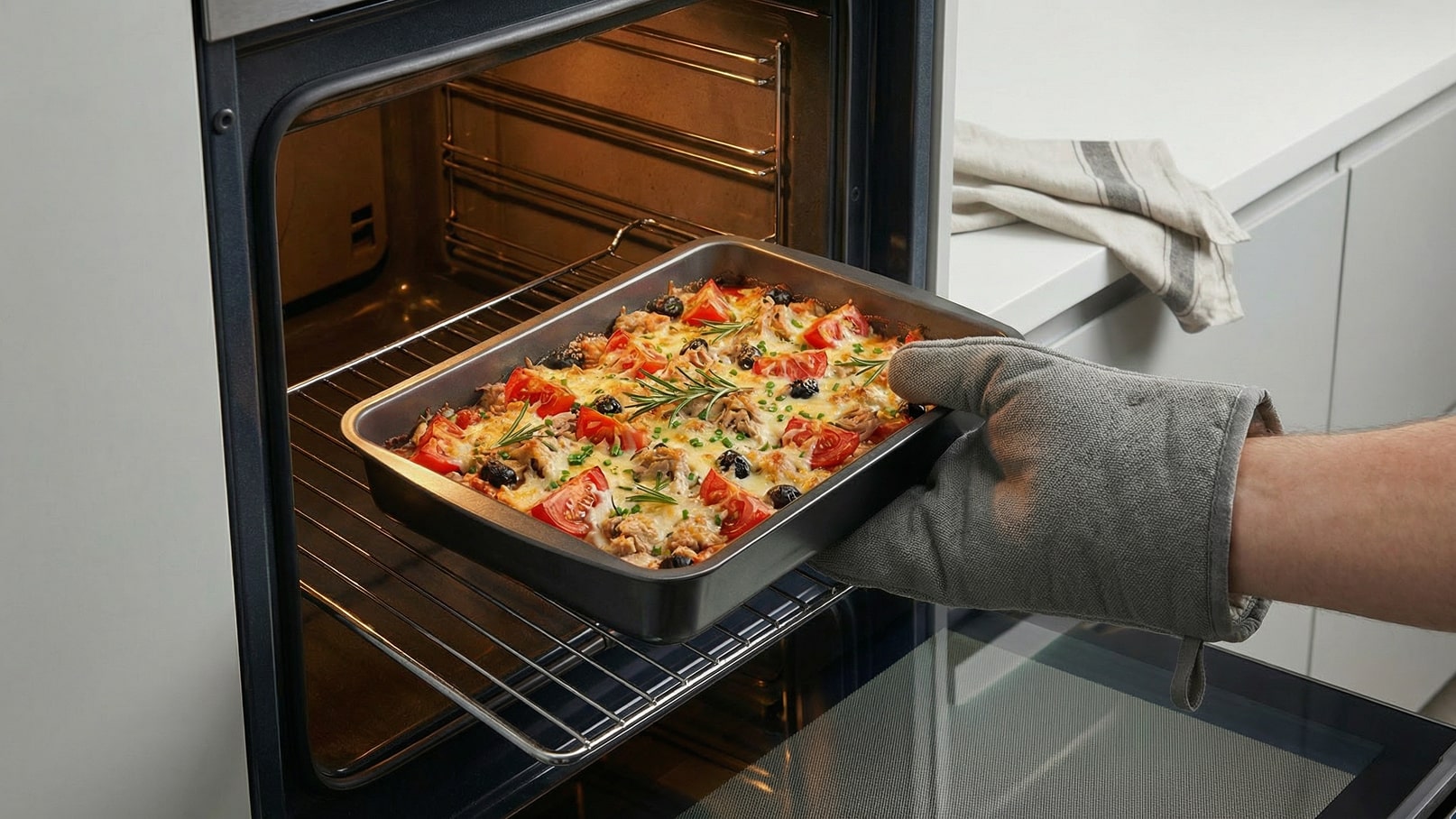 Eine Hand mit einem Ofenhandschuh holt eine Backform aus dem Ofen. Die Form enthält eine heiße, gebackene Speise, die mit Käse, Tomaten, Oliven und Kräutern belegt ist. Der Ofen ist geöffnet und zeigt die heiße Innenbeleuchtung.
