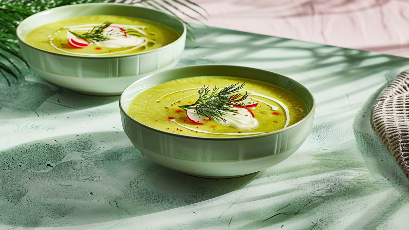 Zwei Schalen mit grünem Suppe stehen auf einem Tisch. Die Suppe ist mit einem Klecks saurer Sahne, frischem Dill und roten Radieschenstückchen garniert. Sanfte Licht- und Schattenspiele fallen auf die Oberfläche.