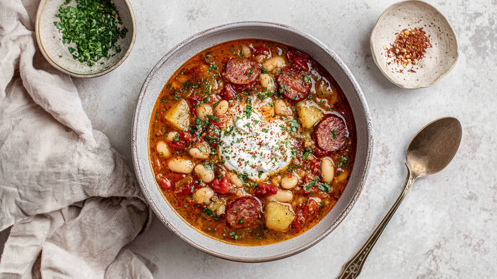 Eine Schüssel warme, reichhaltige Suppe mit Wurstscheiben, weißen Bohnen, Kartoffeln und einem Klecks saurer Sahne. Darüber ist frische Petersilie und Gewürze gestreut. Neben der Schüssel befinden sich kleine Schalen mit gehackten Kräutern und Gewürzen.