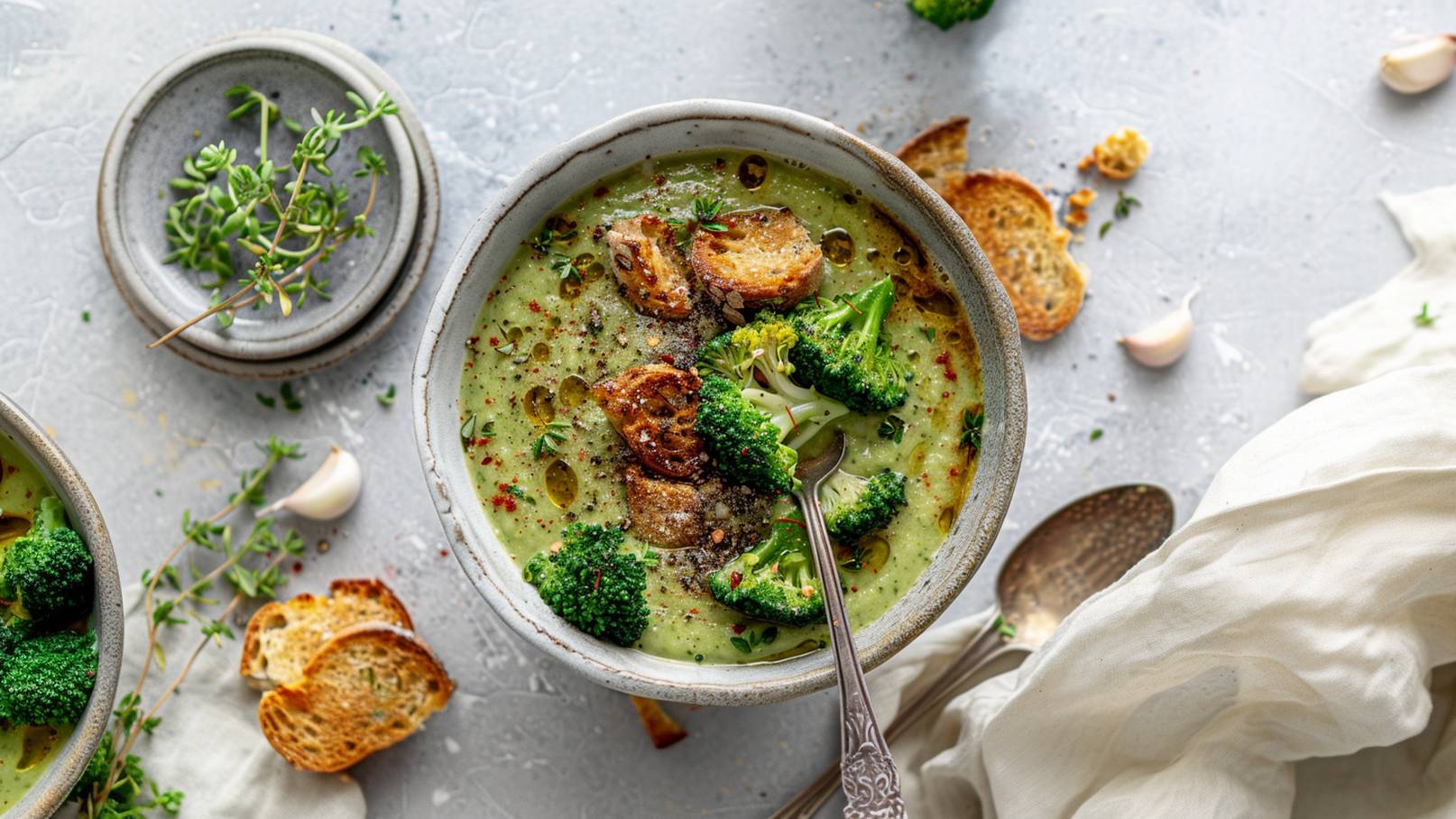 Eine Schüssel mit cremiger Brokkolisuppe, garniert mit Stückchen von geröstetem Brot und frischen Brokkoliröschen. Die Suppe ist hellgrün mit Kräutern und Gewürzen darüber. Neben der Schüssel liegen einige Knoblauchzehen und krosses Brot auf einer hellen Fläche.