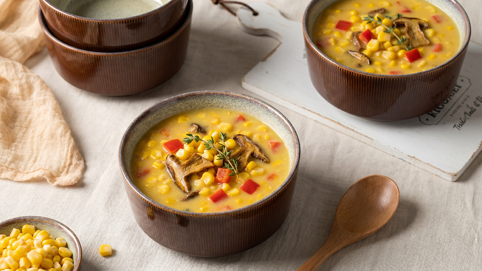 Eine Schüssel mit cremiger Suppe, die Mais, rote Paprika und Pilze enthält, steht auf einem hellen Tisch. Einige weitere Schalen und eine Holzlöffel sind sichtbar. Die Suppe ist mit frischen Kräutern garniert und vermittelt eine einladende, herzliche Atmosphäre.