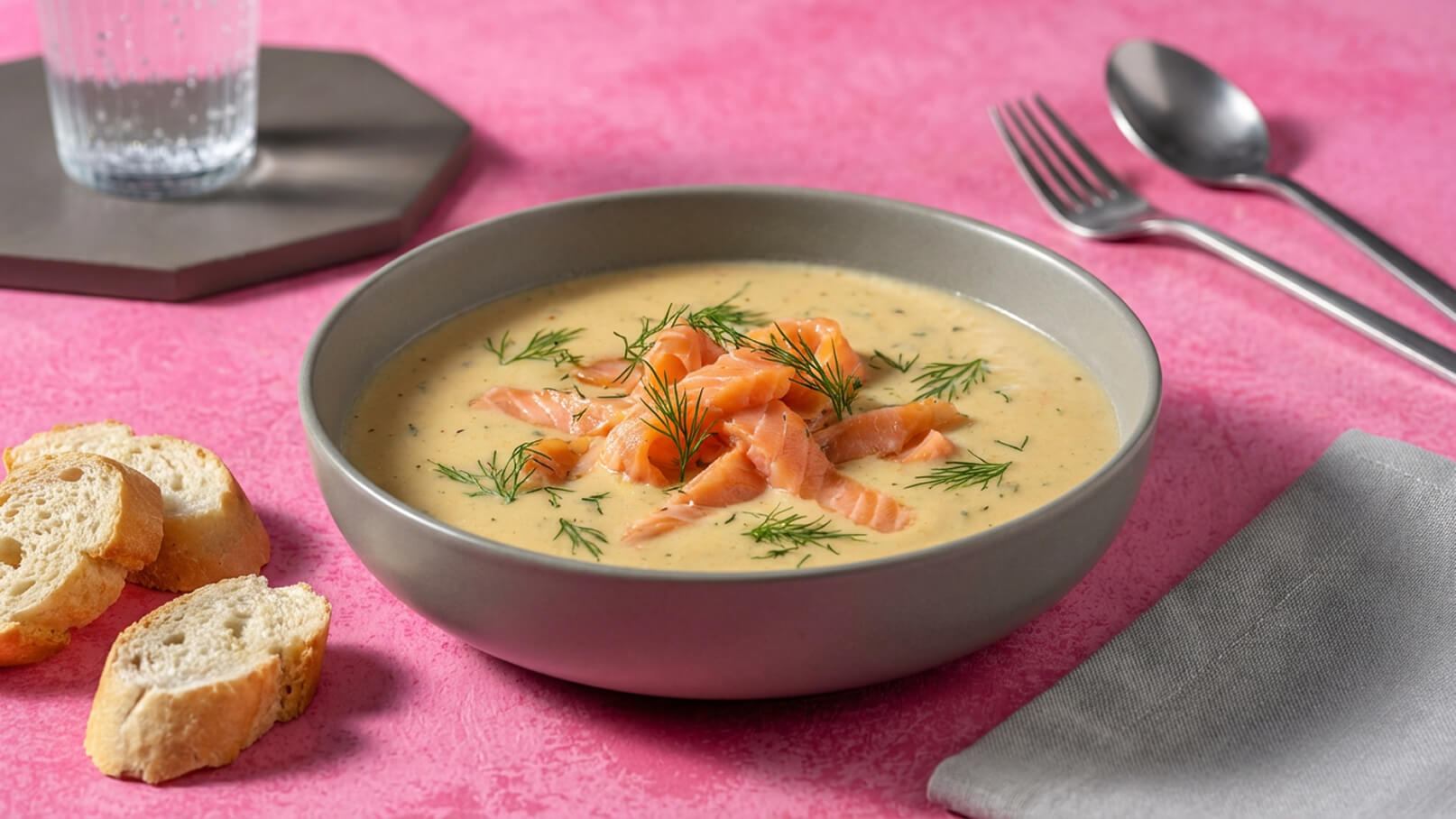 Eine graue Schüssel mit cremiger Suppe, garniert mit Räucherlachs und frischem Dill. Daneben liegen einige Brotscheiben, und der Hintergrund ist in einem lebhaften Rosa gehalten. Ein Wasserglas und Besteck sind ebenfalls sichtbar.