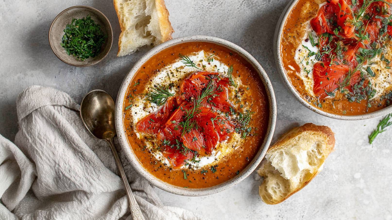 Zwei Schalen mit Tomatensuppe, garniert mit rotem Gemüse und frischem Dill. Eine Schale enthält einen Klecks Sahne. Neben den Schalen liegen eine Silberlöffel und Brotstücke auf einem grauen Untergrund.