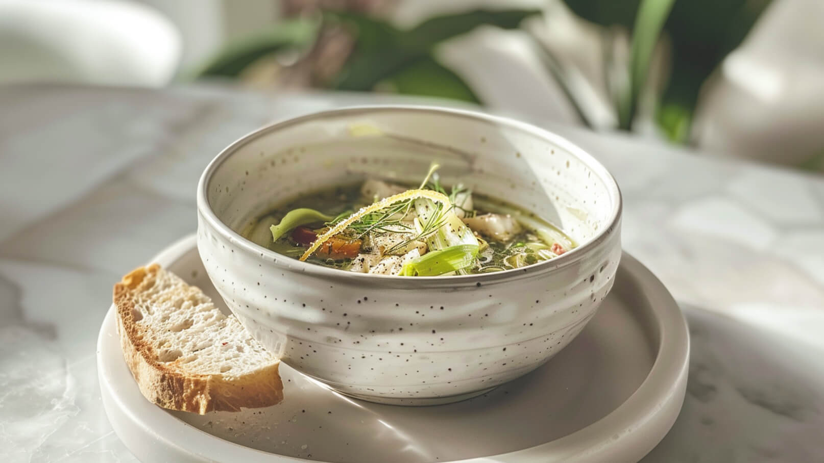 Eine Schüssel mit dampfender Gemüsesuppe steht auf einem Teller. Die Suppe enthält verschiedene Zutaten wie Gemüse und Kräuter. Daneben liegt ein Stück Brot. Der Hintergrund zeigt eine unscharfe Umgebung.