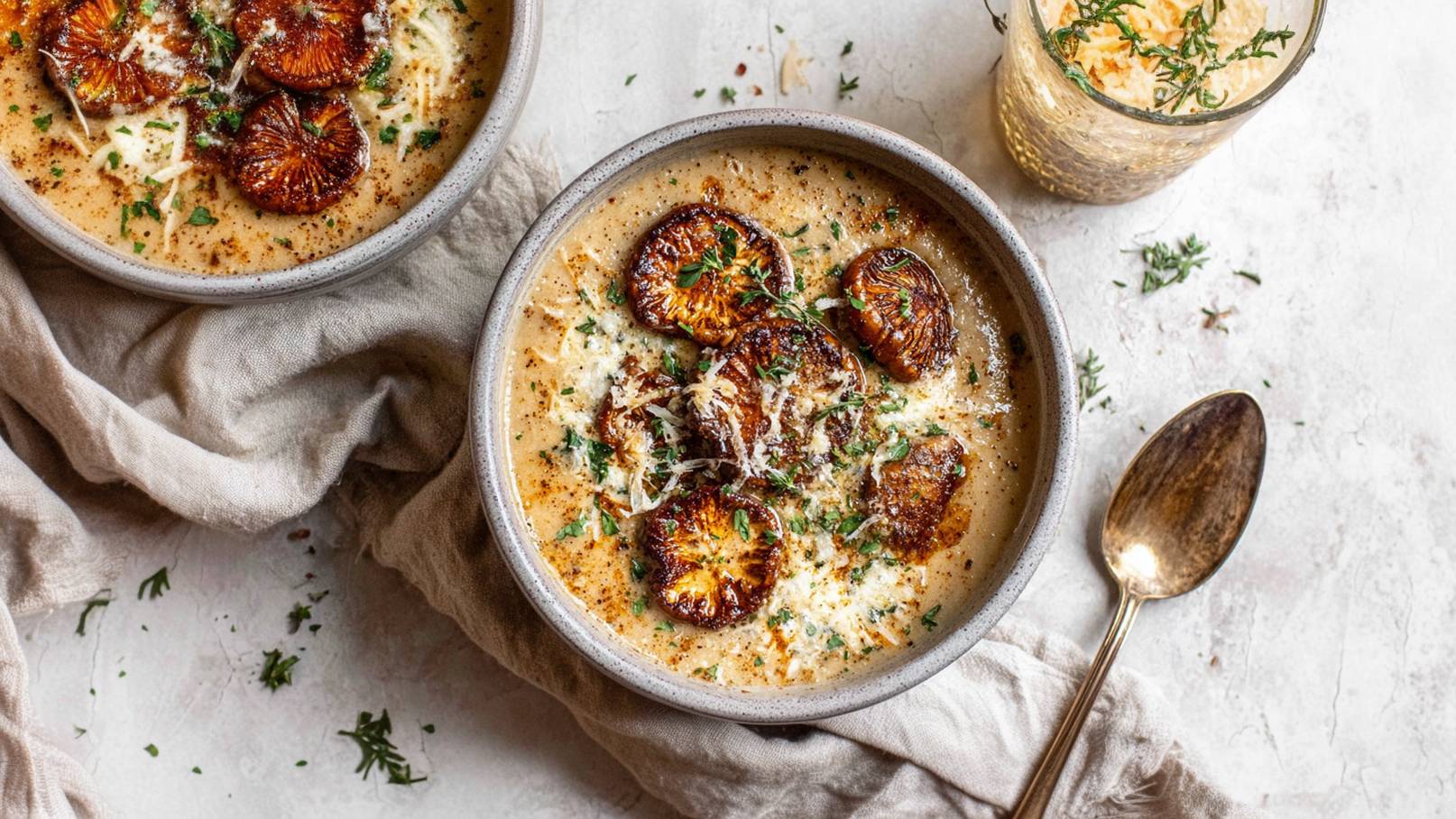 Eine Schüssel cremige Suppe mit gerösteten Zutaten an der Oberfläche, garniert mit frischen Kräutern und Käse. Neben der Schüssel liegt ein goldfarbener Löffel auf einem hellen Tischtuch. Im Hintergrund steht ein Glas mit Kräuterdekoration.