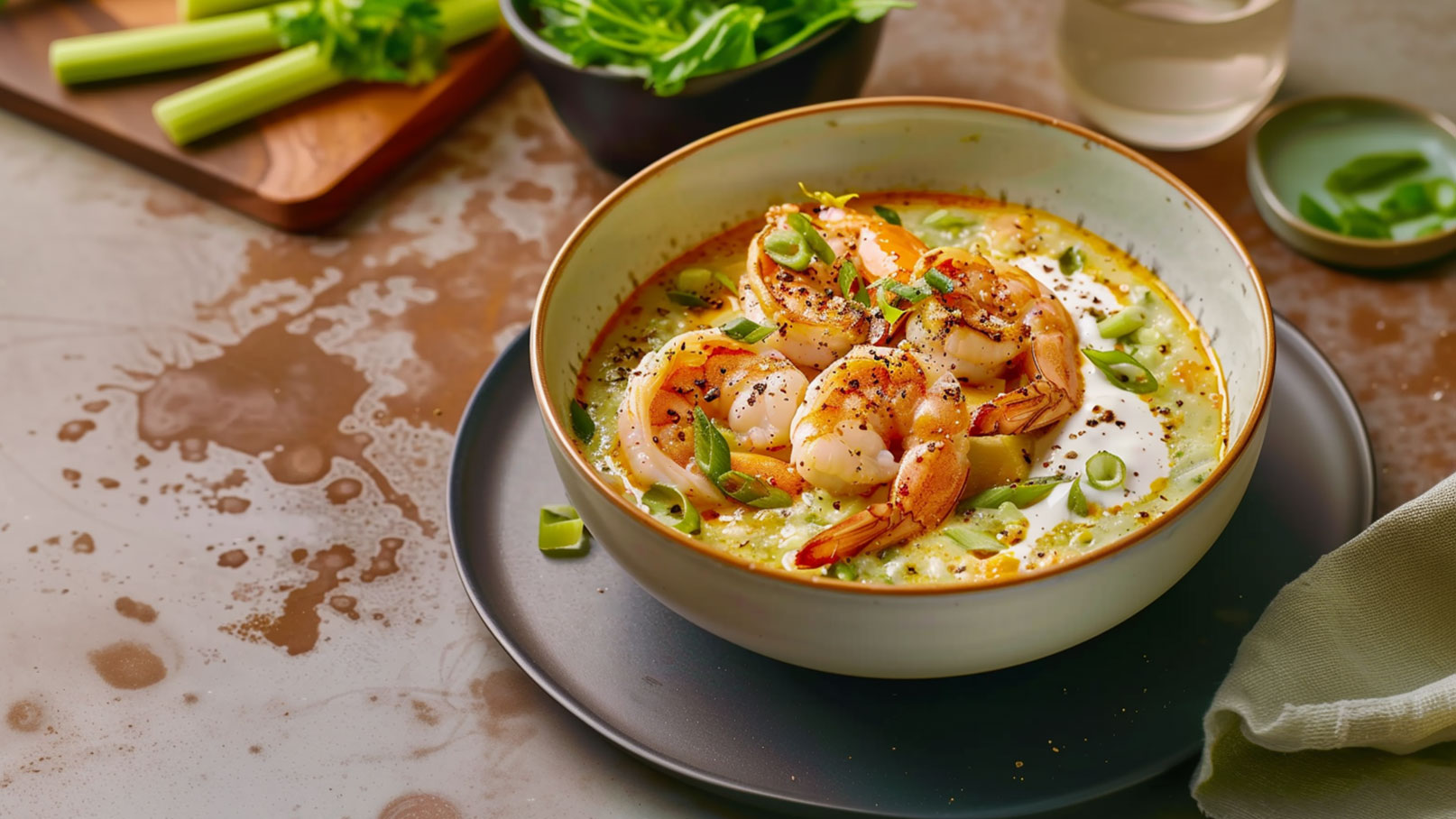 Eine Schüssel mit cremiger Garnelensuppe, garniert mit frischen Kräutern und Zwiebelringen. Die Garnelen sind goldbraun und liegen auf einer hellgrünen Basis. Im Hintergrund sind Gemüse und ein Glas Wasser sichtbar.