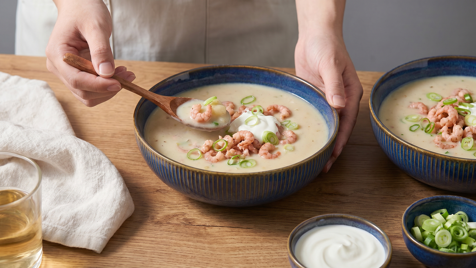 Eine Hand hält einen Löffel, um in einer tiefen Schüssel mit Suppe zu rühren. Die Suppe enthält Garnelen und ist mit Frühlingszwiebeln garniert. Im Vordergrund sind eine Glas Wasser und zusätzliche Schalen mit Joghurt und geschnittenen Frühlingszwiebeln zu sehen.