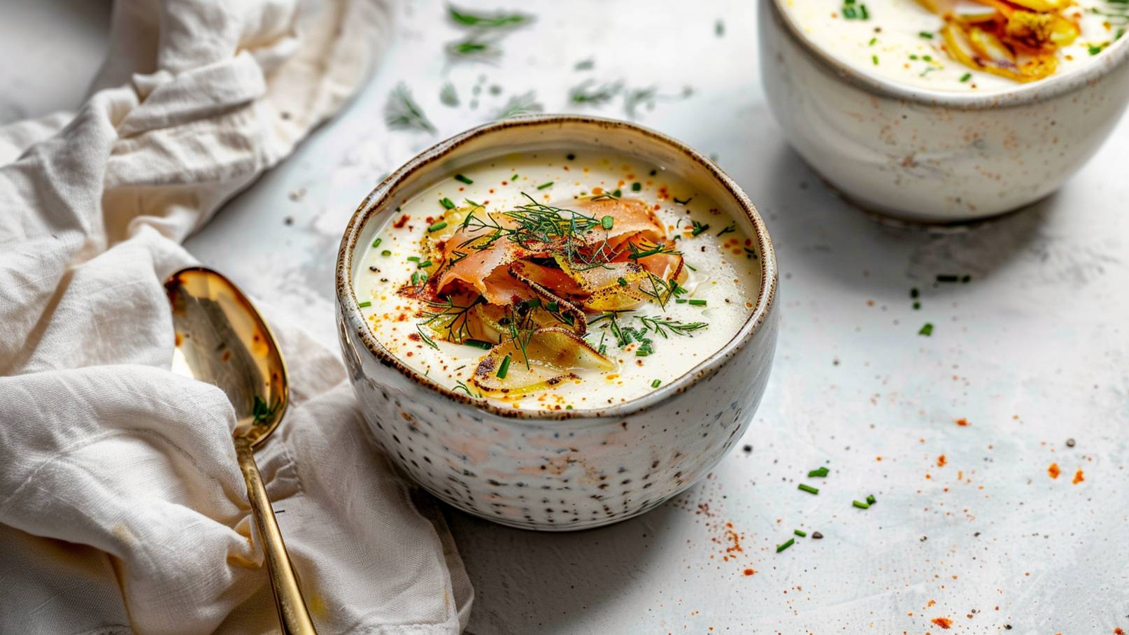 Eine Schüssel mit cremiger Suppe, dekoriert mit geräuchertem Lachs, frischen Kräutern und Gewürzen. Daneben liegt ein goldener Löffel und ein Stück weißes Stofftuch. Die Umgebung ist schlicht und hebt die Suppe hervor.