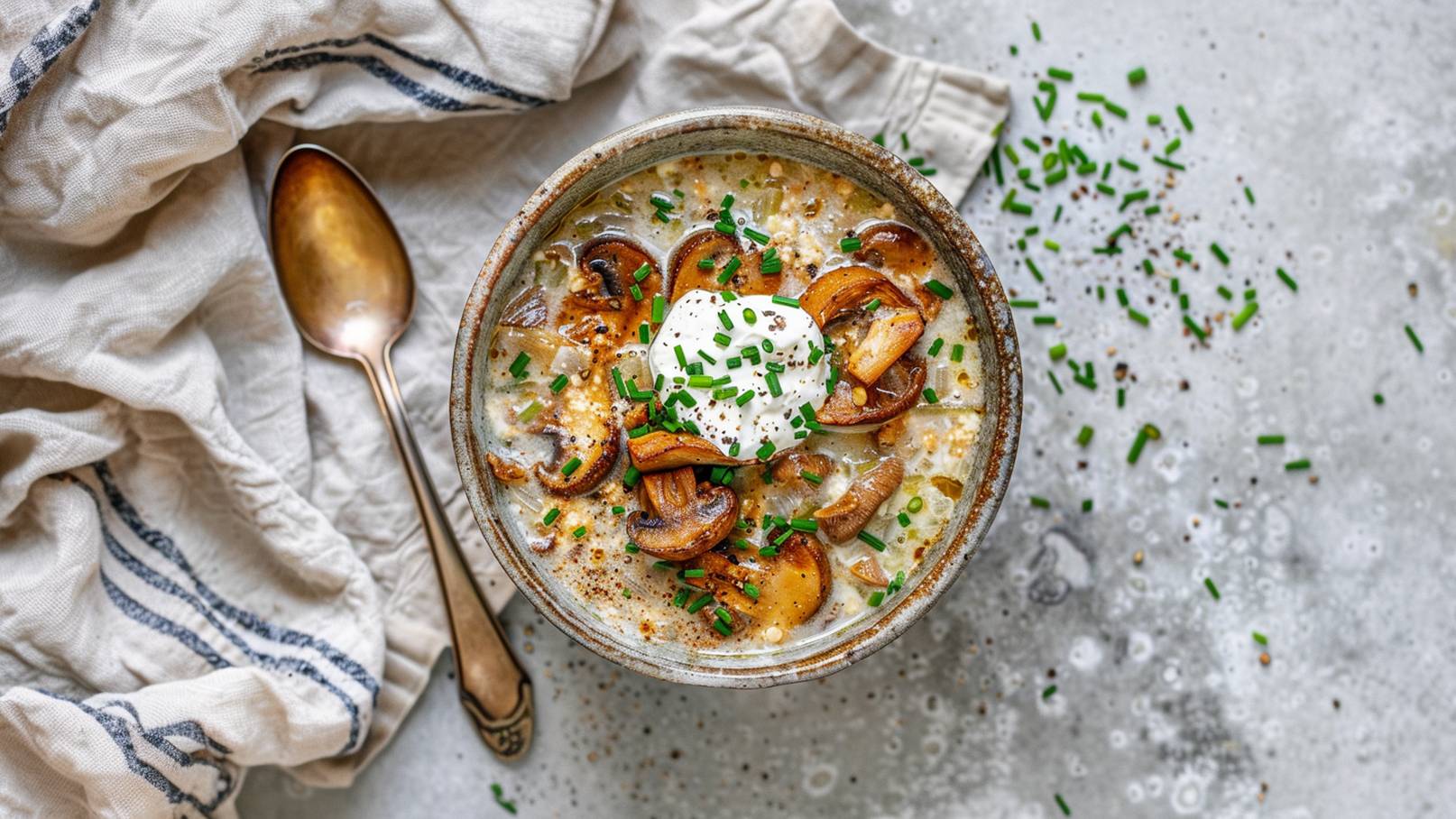 Eine Schüssel mit cremiger Pilzsuppe, garniert mit frischen Kräutern und einem Klecks saurer Sahne. Die Suppe enthält gebratene Champignons und ist in einer rustikalen Schale serviert, umgeben von einigen gehackten Schnittlauchstücken auf einem hellen Untergrund.