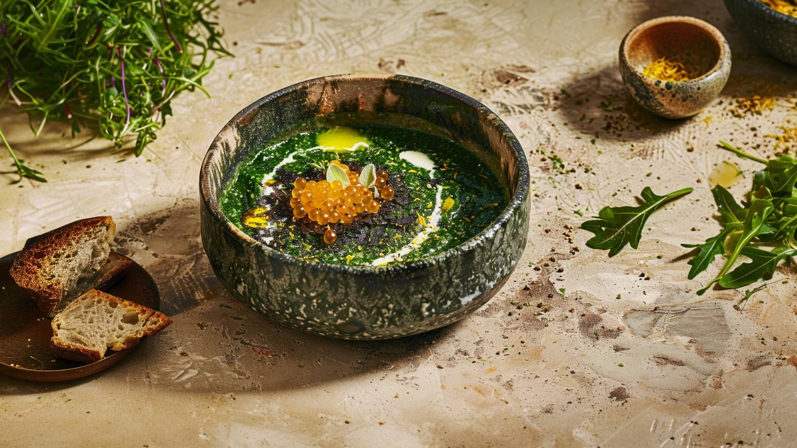 In einer dekorativen Schüssel befindet sich eine grüne Suppe, garniert mit orangefarbenen Perlen, Sahne und Kräutern. Neben der Suppe liegt ein kleiner Teller mit zwei Stückchenbrot. Der Hintergrund ist neutral und zeigt einige frische Kräuter.