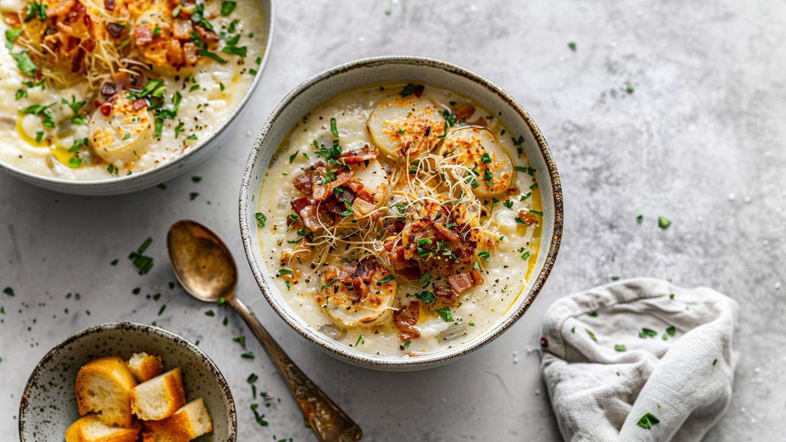In der Bildbeschreibung sind zwei Schalen mit einer cremigen Suppe zu sehen. Die Suppe ist mit gebratenem Speck, frischen Kräutern und knusprigen Brotstücken garniert. Eine kleine Schale mit weiteren Brotstücken ist daneben platziert.