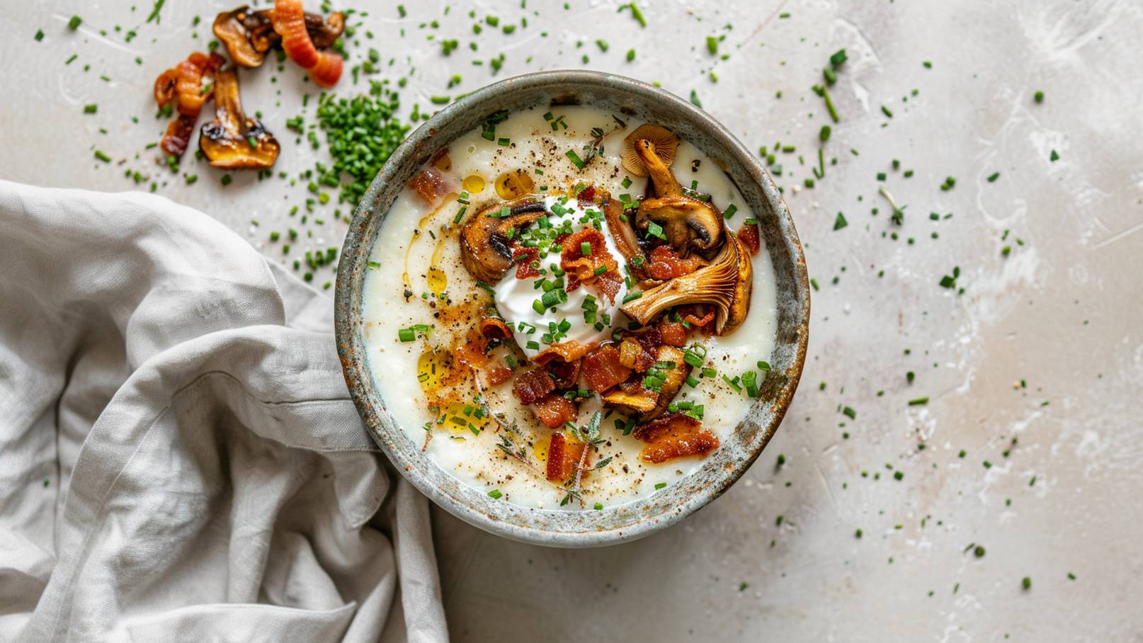 Eine Schüssel mit cremiger Suppe, garniert mit gebratenen Pilzen, knusprigem Speck und frischem Schnittlauch. Darüber liegt ein Klecks Sauerrahm. Um die Schüssel sind grüne Schnittlauchröllchen verstreut, und im Hintergrund ist ein graues Tuch zu sehen.