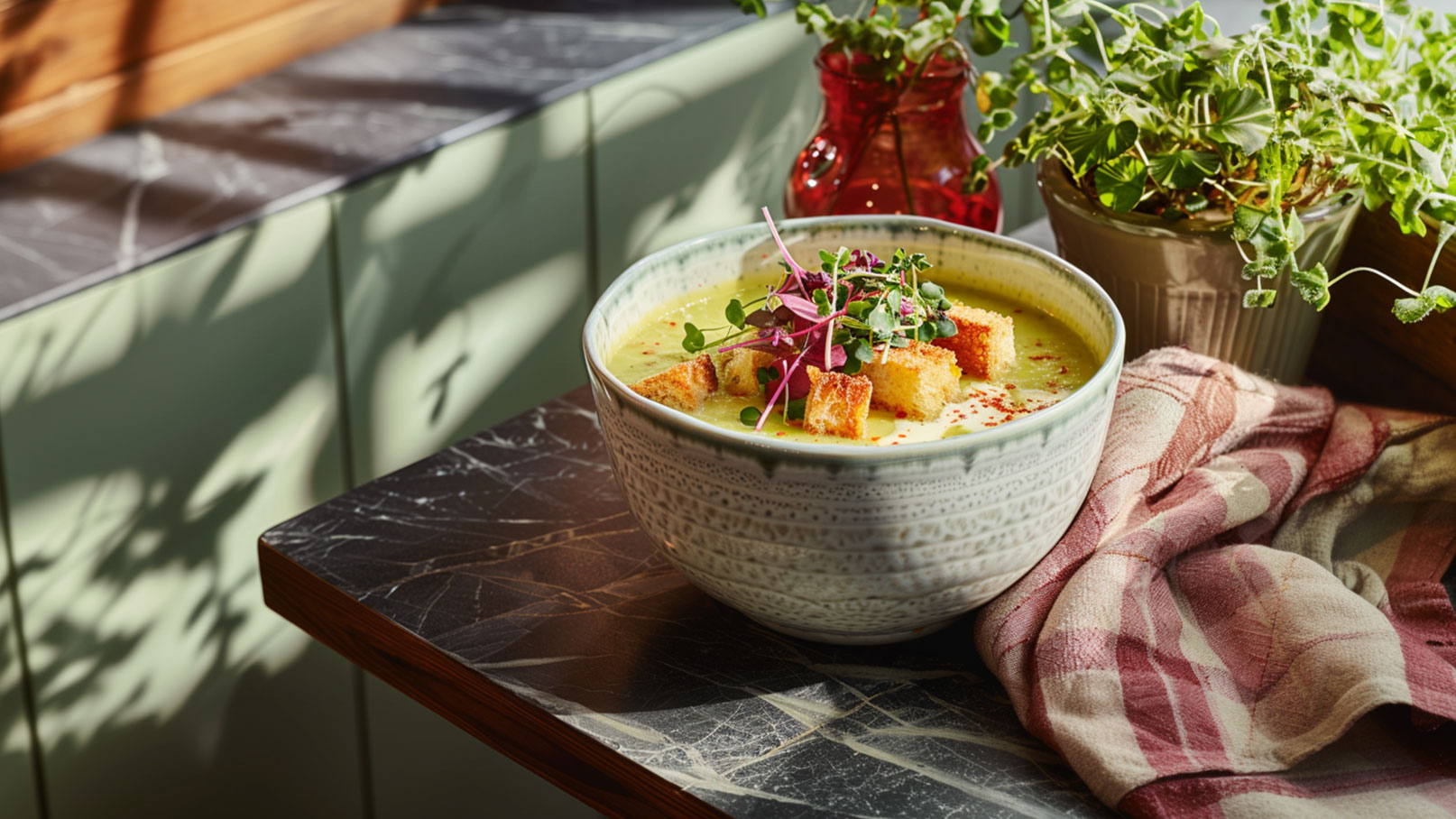 Eine Schüssel mit cremiger Suppe steht auf einem Tisch. Die Suppe ist mit knusprigen Brotstücken und frischen Kräutern garniert. Im Hintergrund sind Pflanzen und ein liebevoll dekoriertes Geschirrtuch sichtbar. Das Licht fällt sanft auf die Szene und schafft eine einladende Atmosphäre.