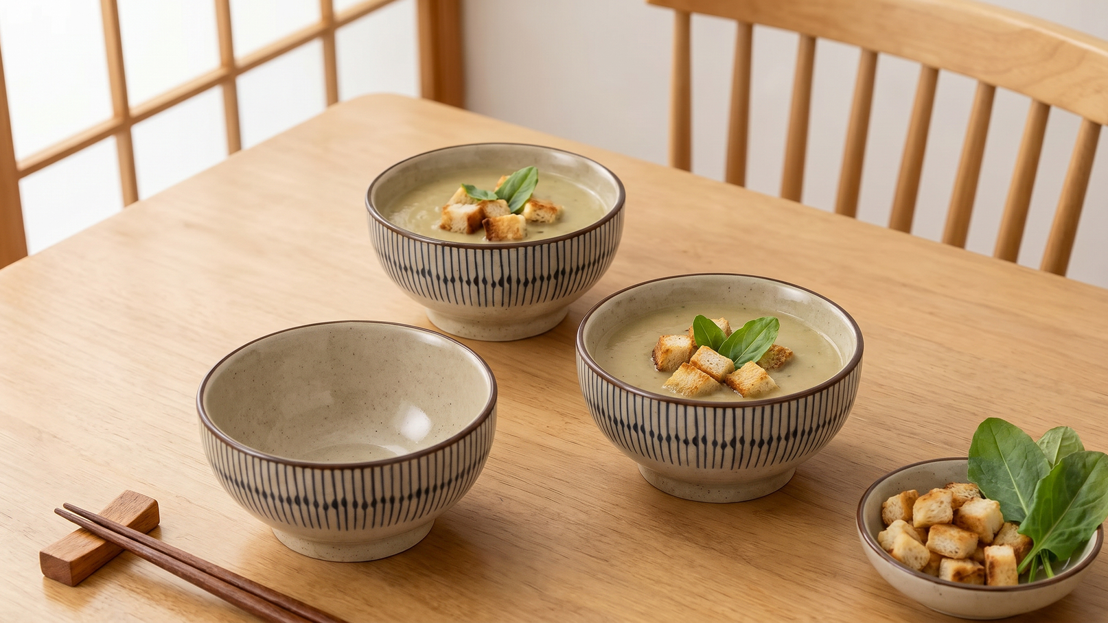 Auf dem Tisch stehen drei Schalen mit einer warmen Speise, die mit kleinen Röstbrotstückchen und frischen Blättern garniert ist. Links liegen Essstäbchen. Die Schalen sind in einem natürlichen, minimalistischen Stil gehalten.