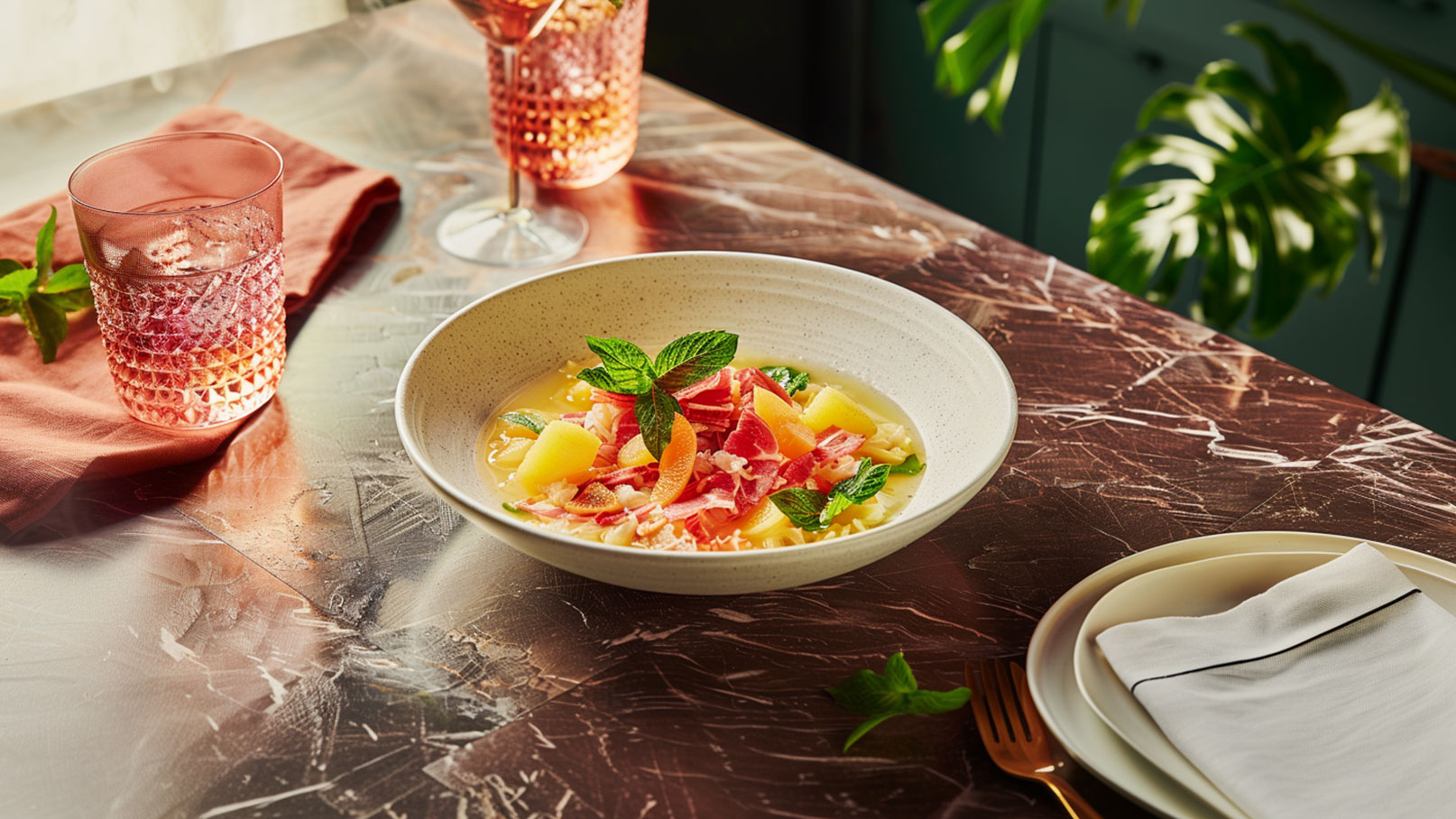 Eine Schale mit einer bunten Suppe, garniert mit frischer Minze, Bacon und verschiedenen Früchten, steht auf einem glänzenden Tisch. Im Hintergrund sind ein paar Gläser und ein Stoffserviette zu sehen. Die Szene vermittelt eine einladende Essensatmosphäre.