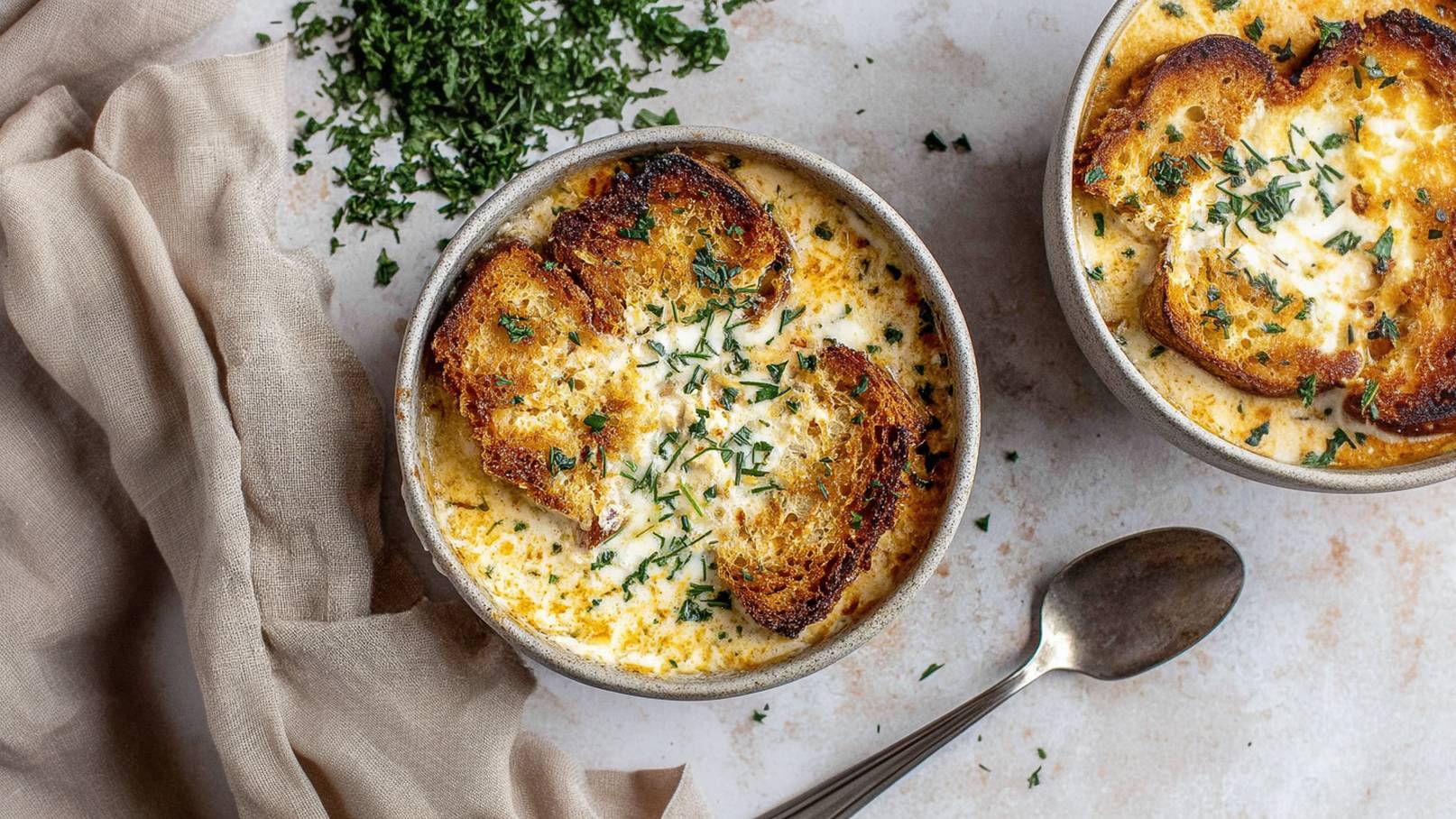 Zwei Schalen mit einer warmen, cremigen Speise, die mit geröstetem Brot und frischen Kräutern garniert ist. Eine Schürze und ein Löffel liegen daneben. Das Gericht hat eine goldene, knusprige Oberfläche und eine appetitliche Textur.